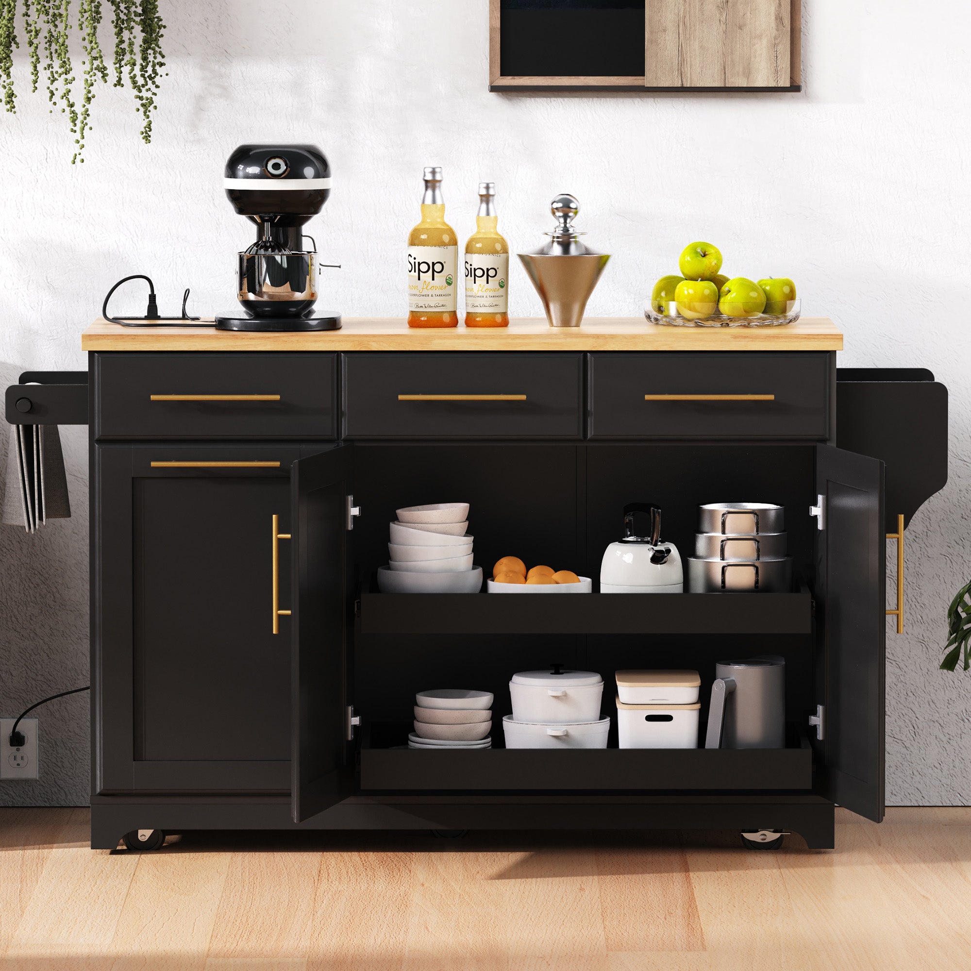 Honfleur black rolling kitchen island with open cabinet doors adjustable double shelf storage and rubberwood countertop in kitchen setting