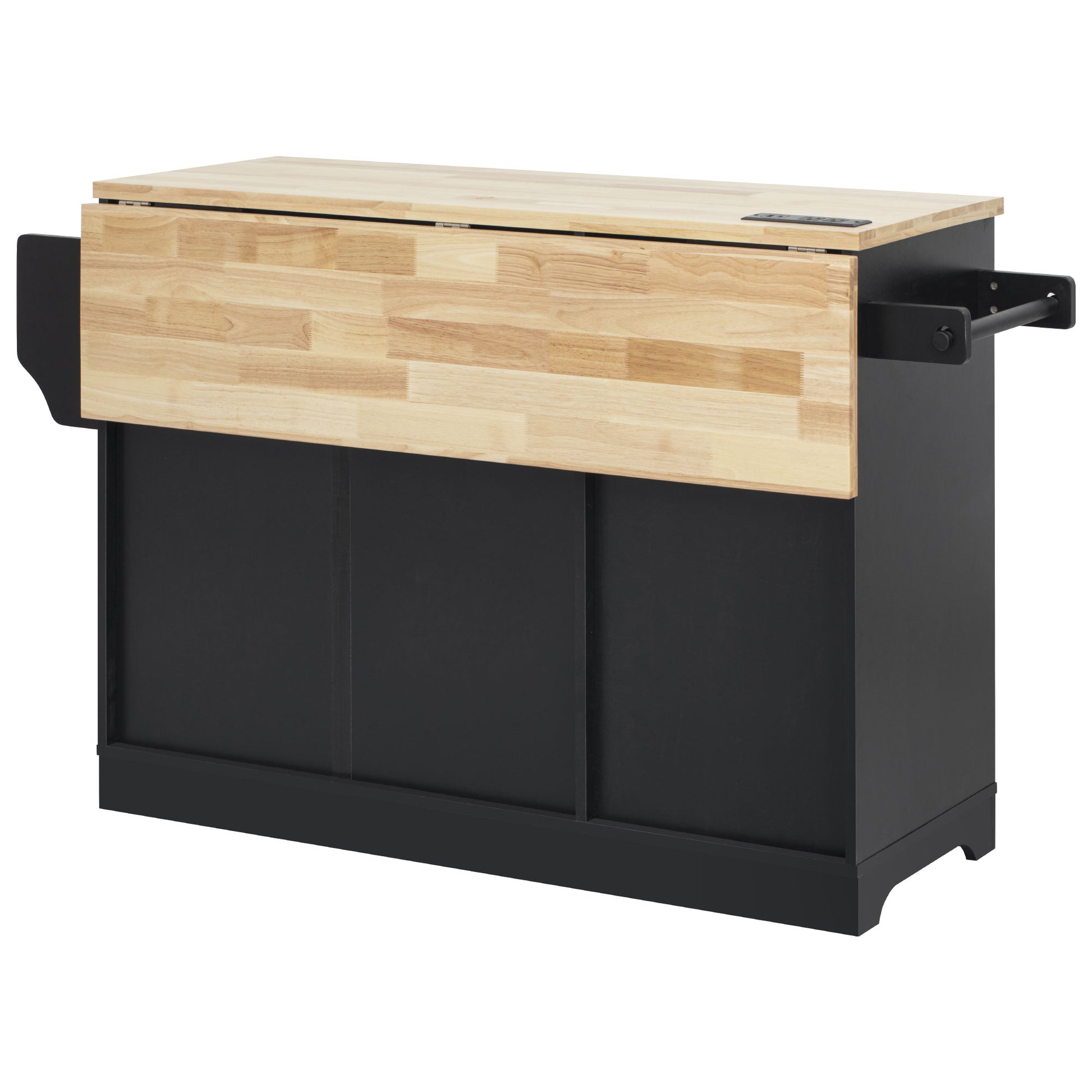Honfleur rolling kitchen island back view with foldable wood drop leaf countertop in black finish on white background