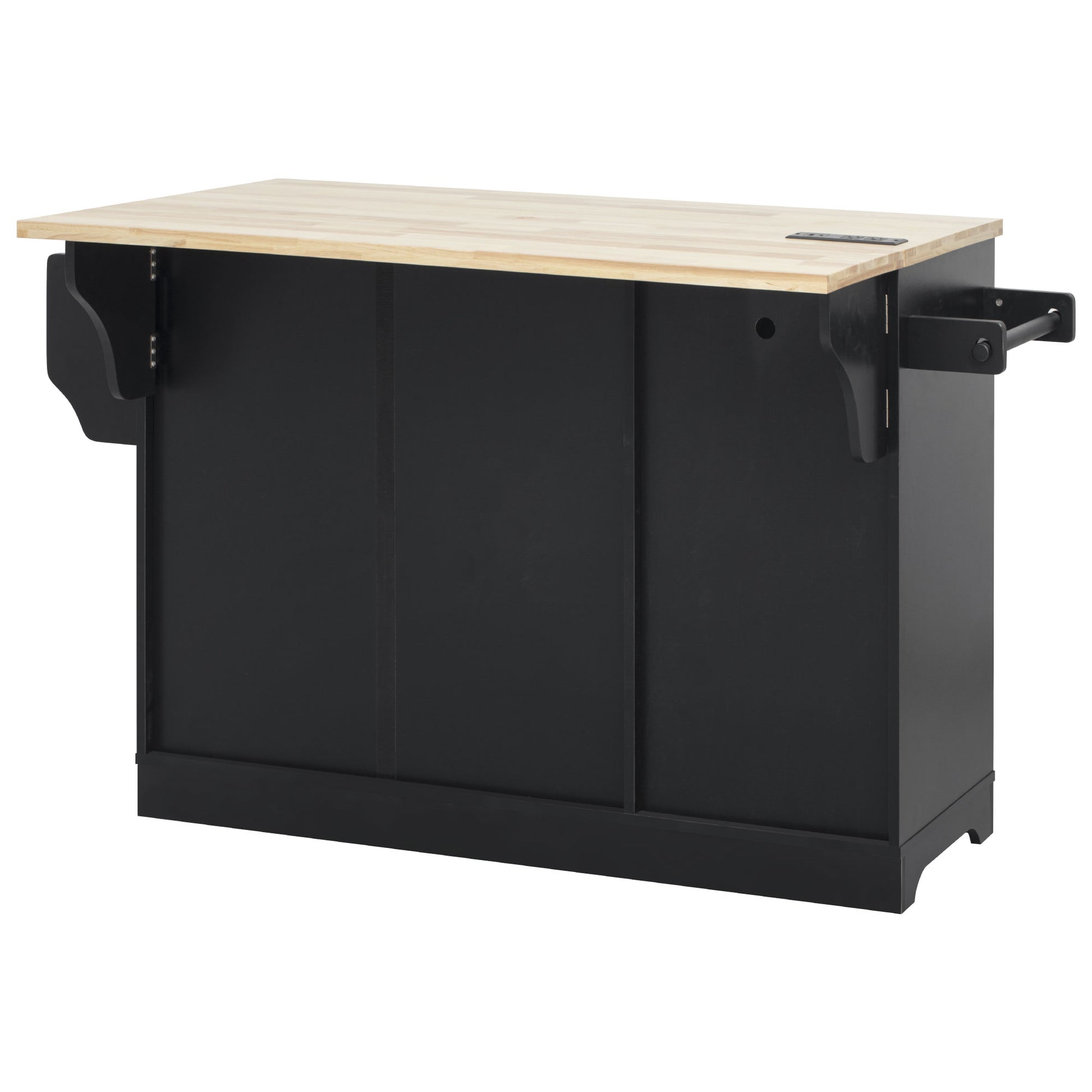 Honfleur rolling kitchen island with expanded wood drop leaf countertop in black finish on white background