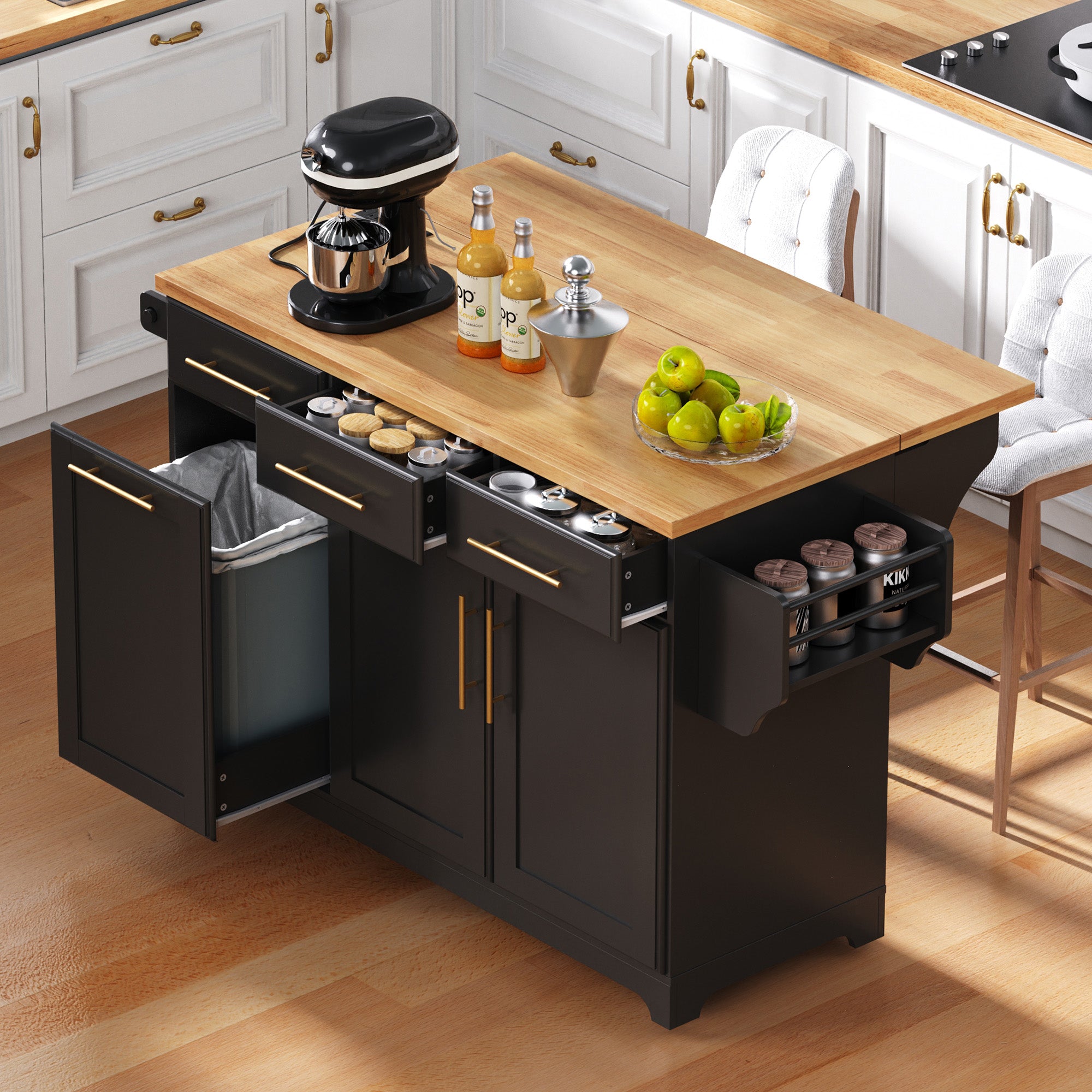Honfleur black rolling kitchen island with open spice drawers hidden trash cabinet and expandable rubberwood countertop in kitchen setting