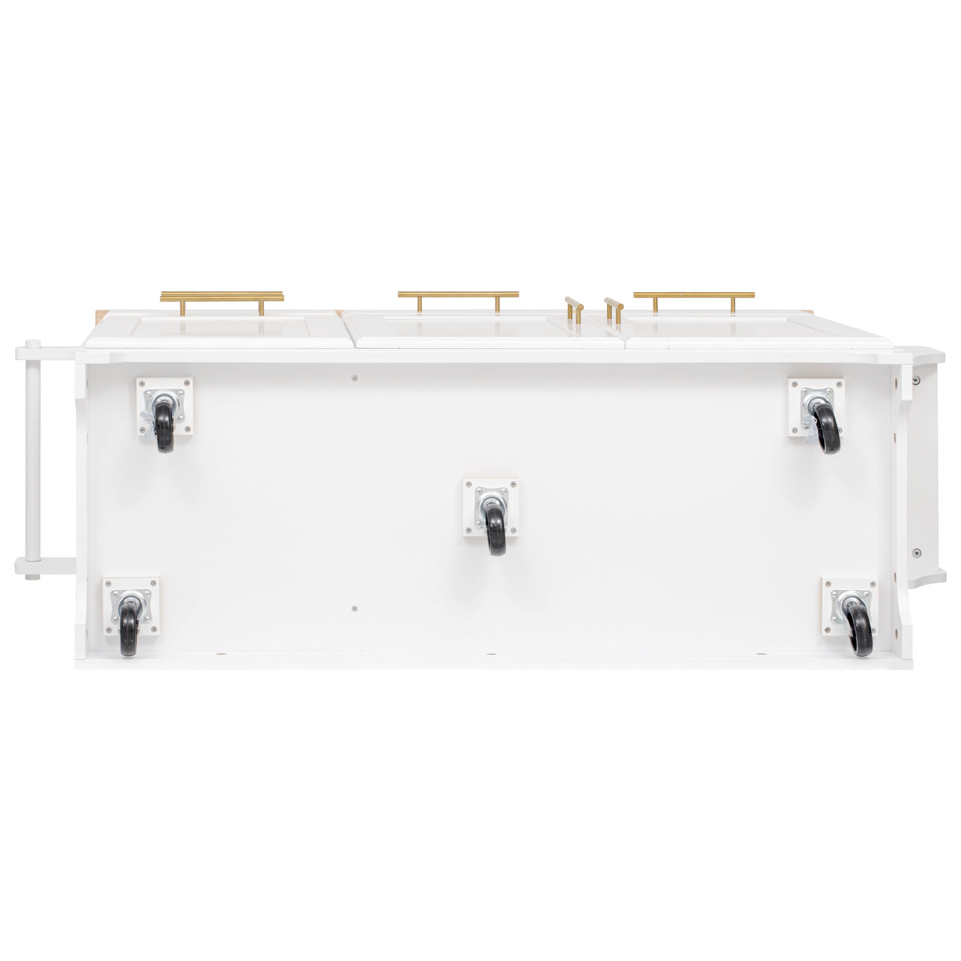 Honfleur white rolling kitchen island bottom view showing five locking caster wheels and sturdy base construction isolated on white background
