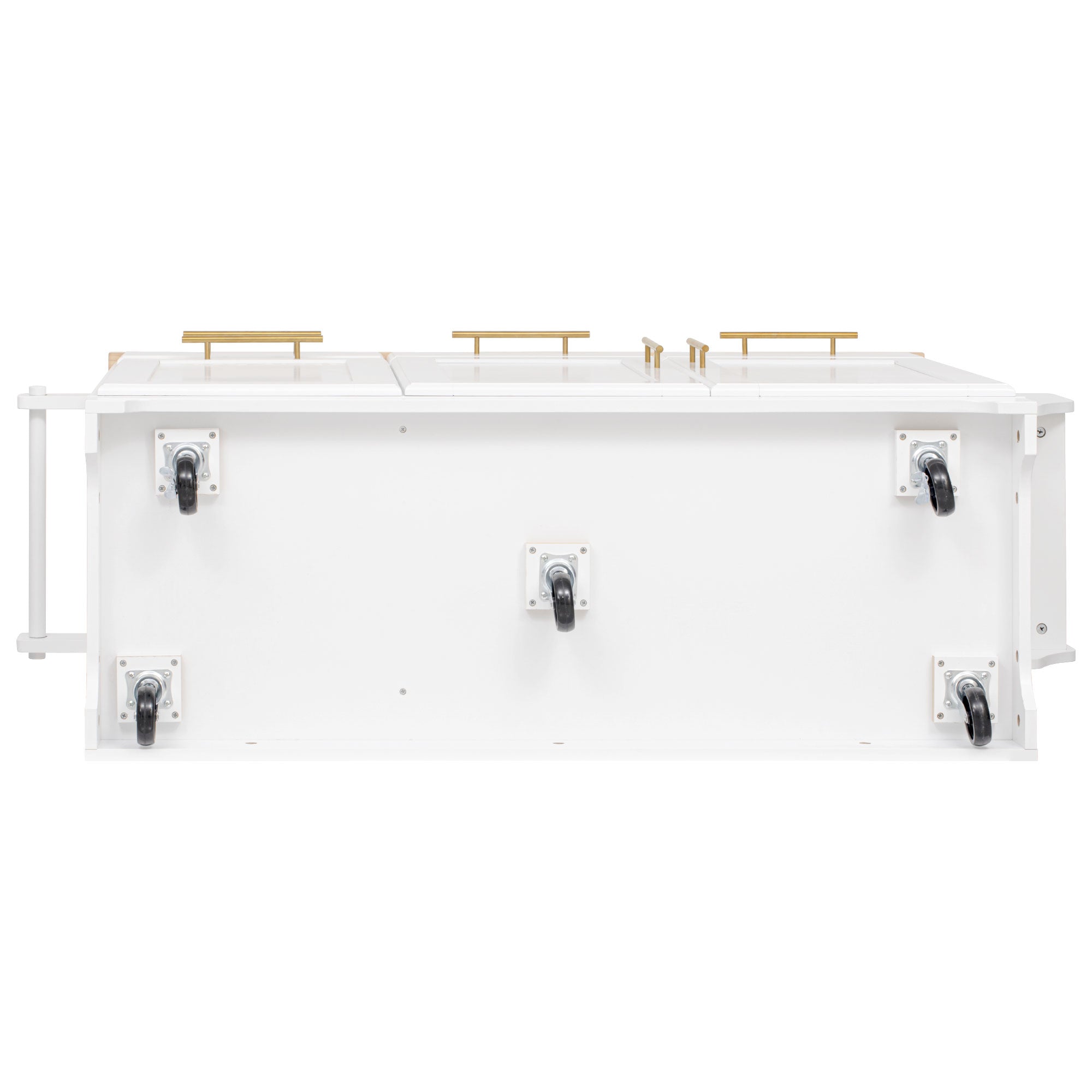 Honfleur white rolling kitchen island bottom view showing five locking caster wheels and sturdy base construction isolated on white background