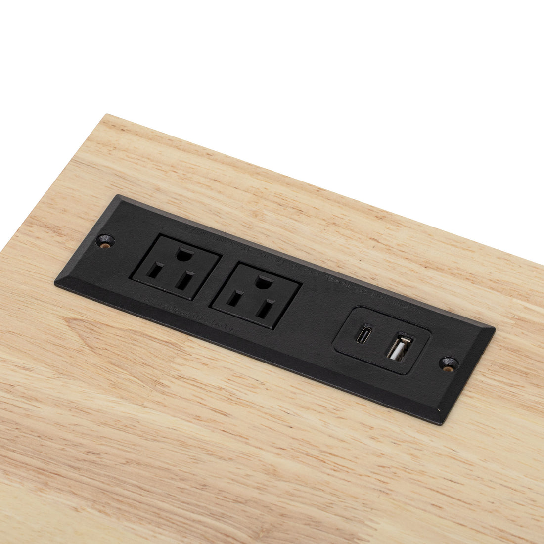 Honfleur rolling kitchen island built-in power outlet and USB charging port close-up on wood countertop in white finish