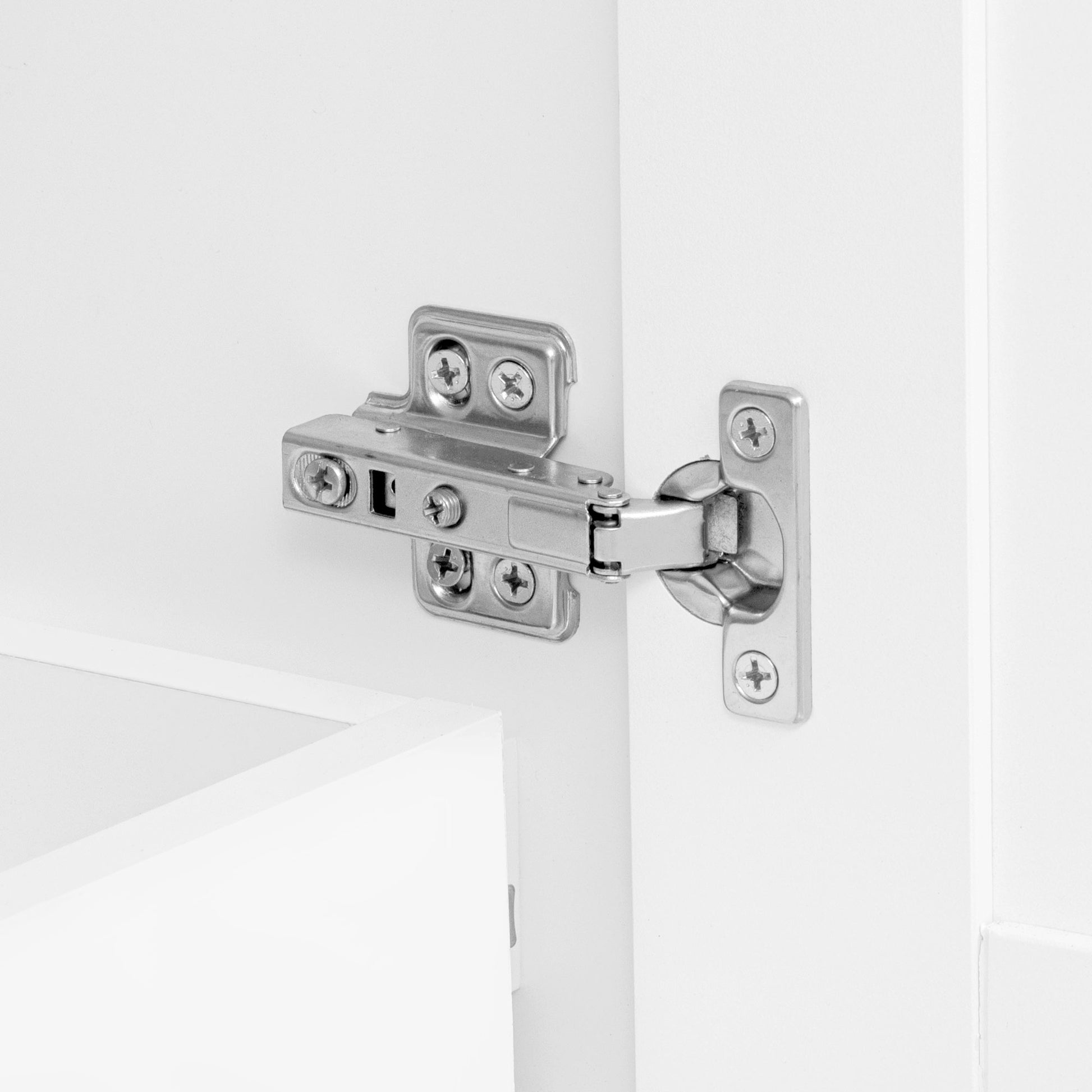 Honfleur rolling kitchen island cabinet hinge hardware close-up in white finish on white background