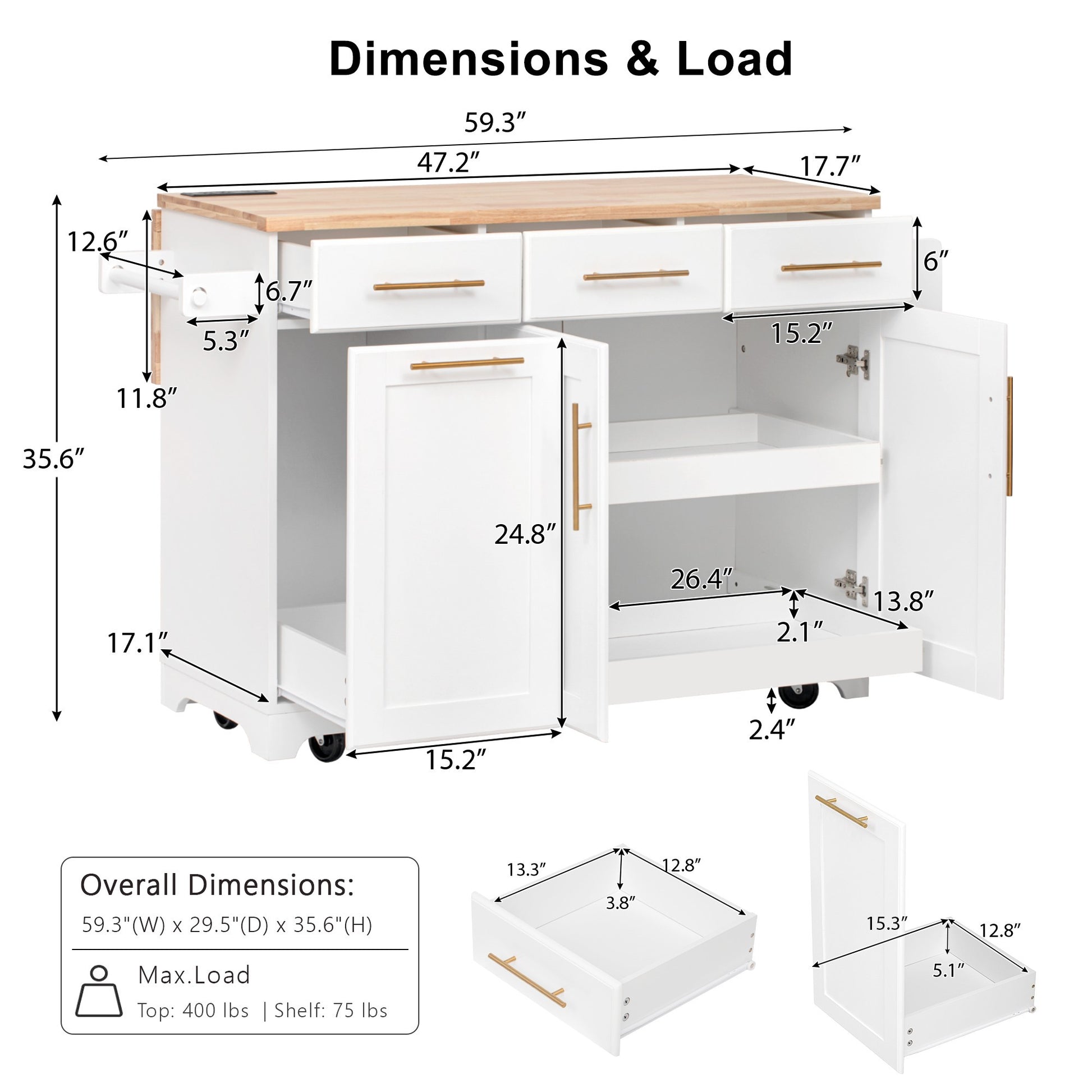 Honfleur rolling kitchen island dimensions and load capacity chart with drawer cabinet and countertop measurements in white finish