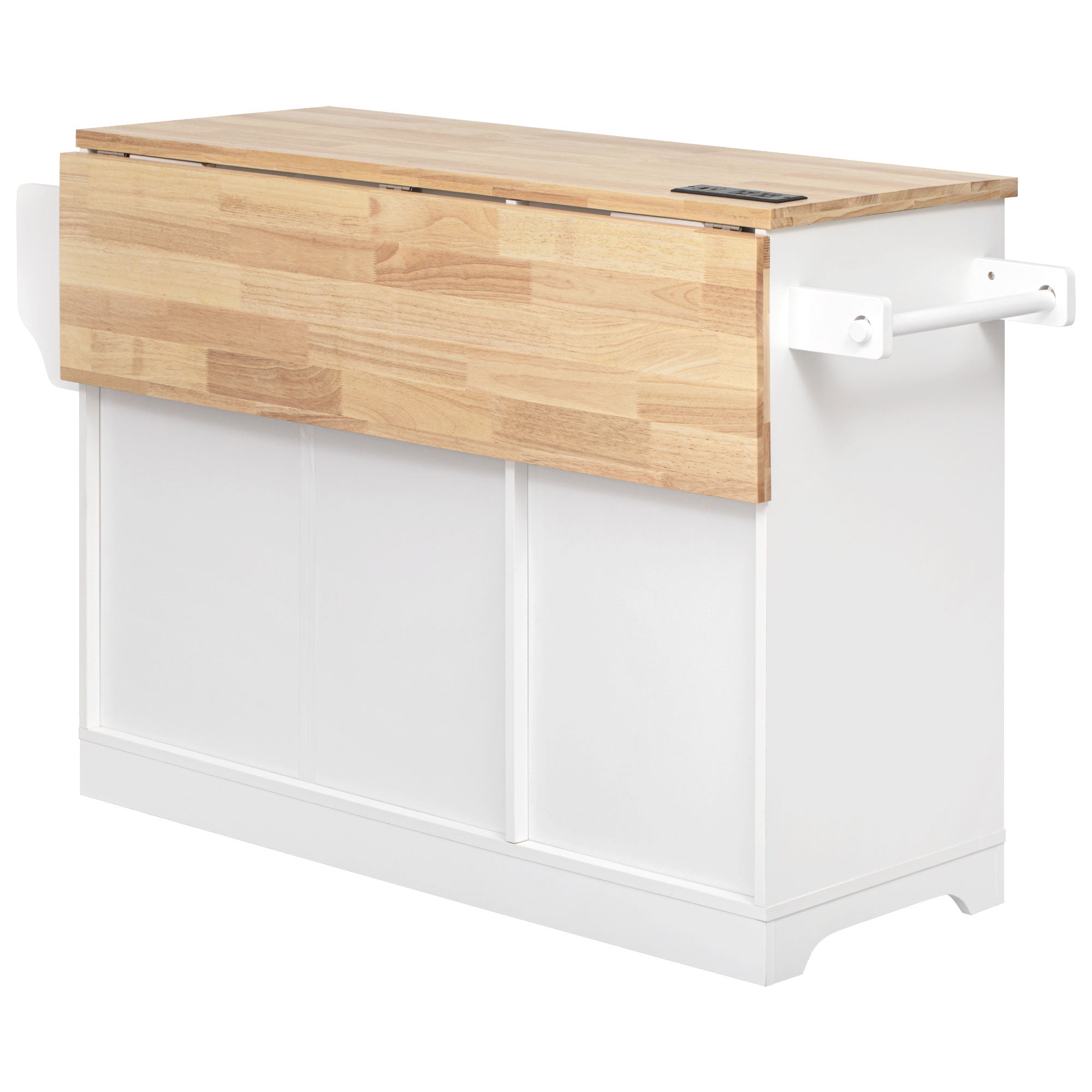 Honfleur rolling kitchen island back view with foldable wood drop leaf countertop and towel bar on white background