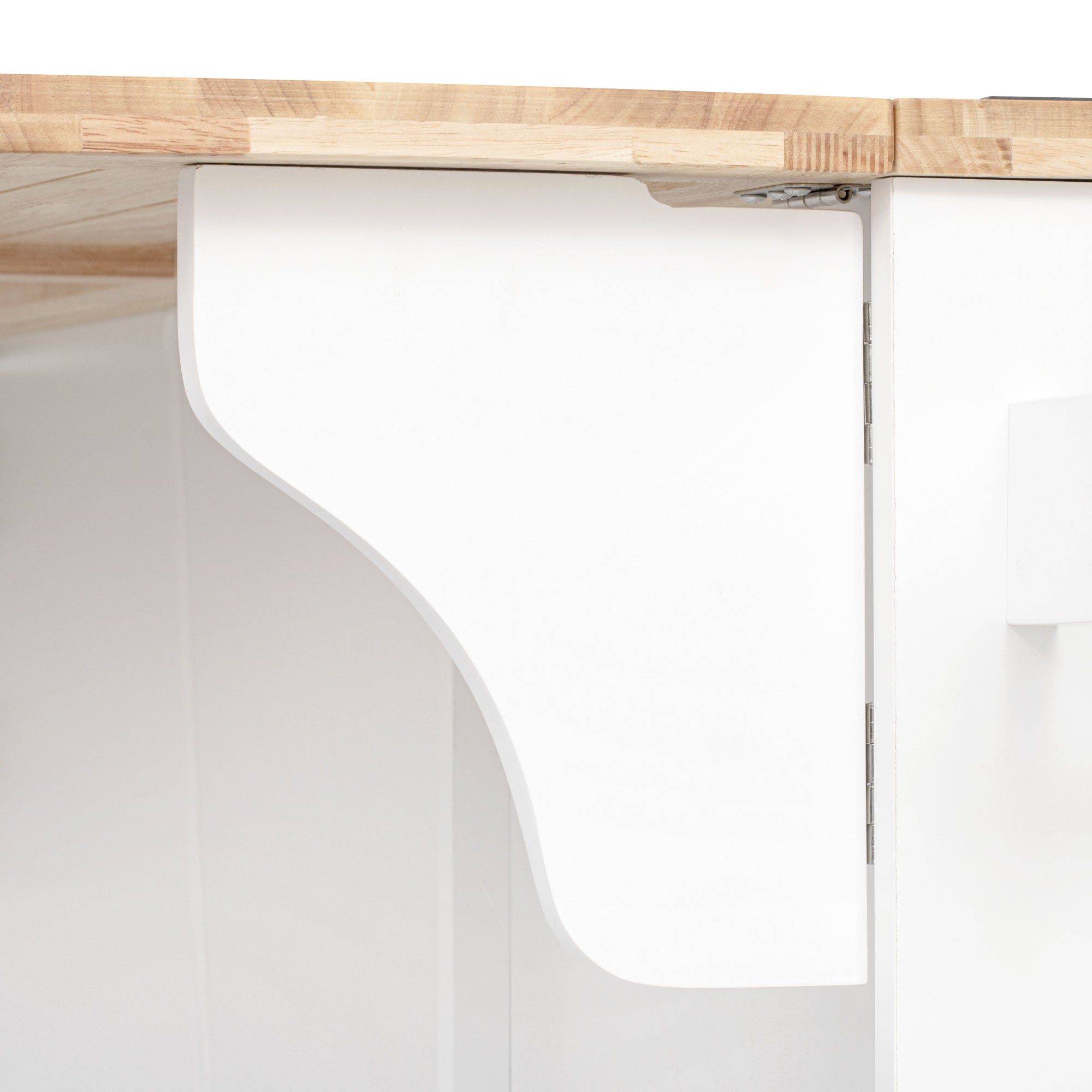 Honfleur rolling kitchen island foldable drop leaf support bracket close-up in white finish with wood countertop