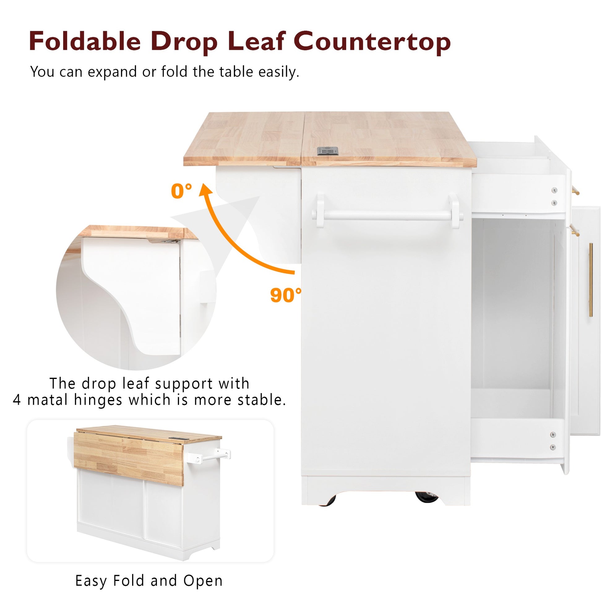 Honfleur rolling kitchen island foldable drop leaf countertop feature diagram with expandable workspace and storage in white finish