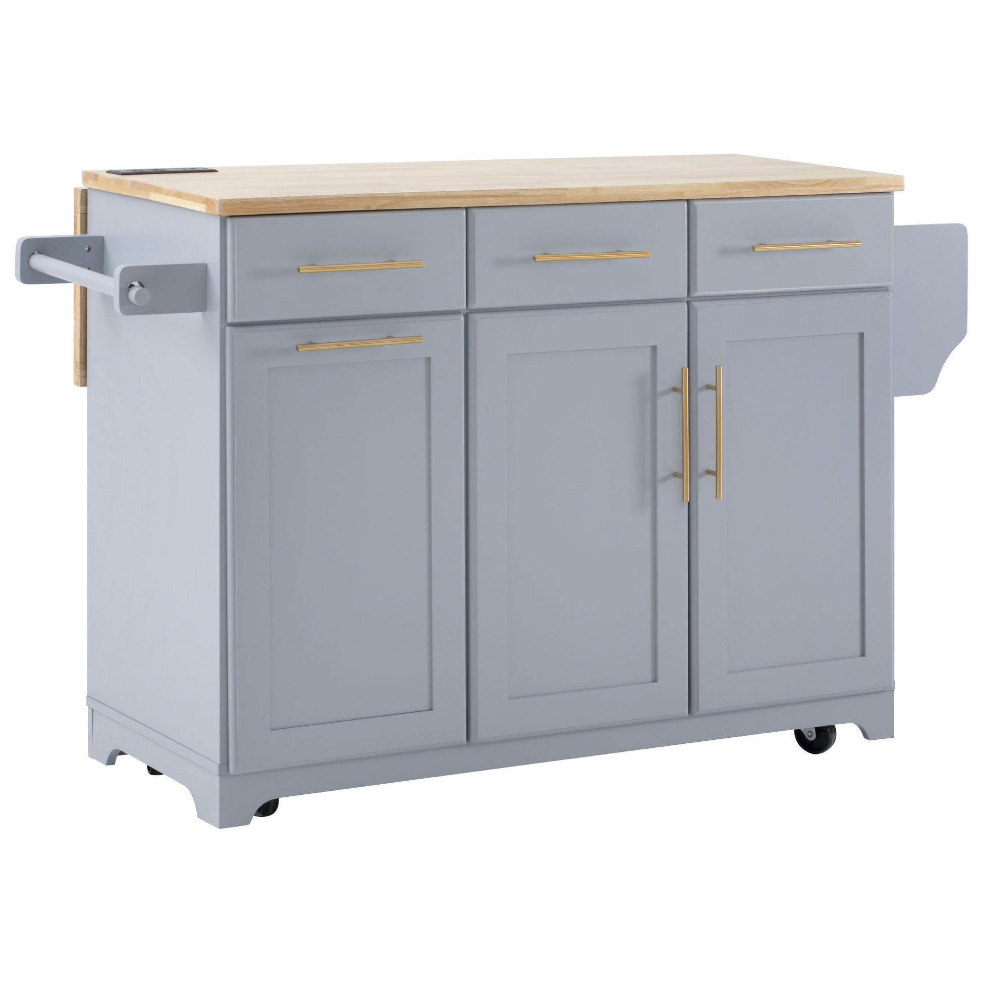 Honfleur rolling kitchen island in gray finish with wood countertop drawers and double-door cabinet on white background