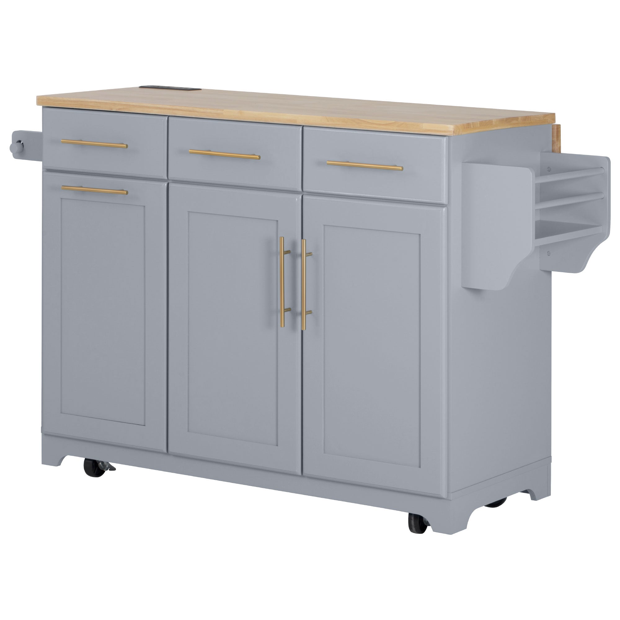 Honfleur rolling kitchen island in gray finish with side spice rack storage and wood countertop on white background