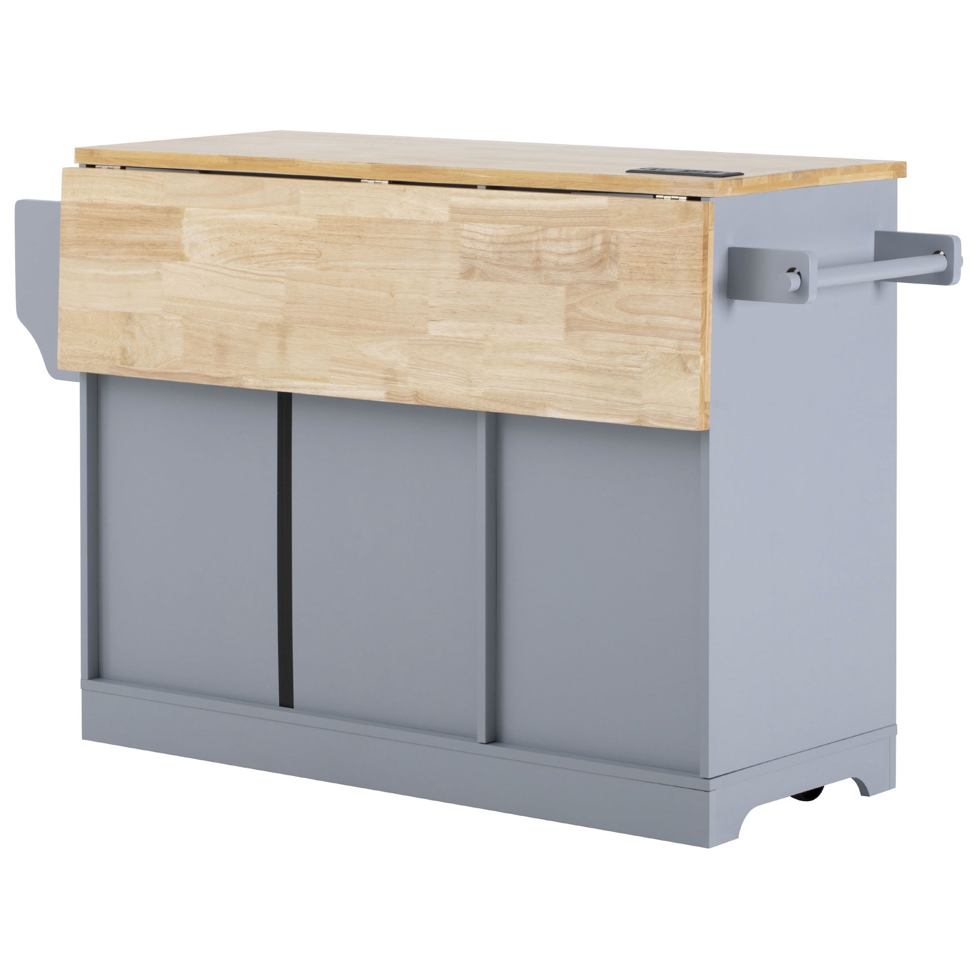 Honfleur rolling kitchen island back view with foldable wood drop leaf countertop in gray finish on white background