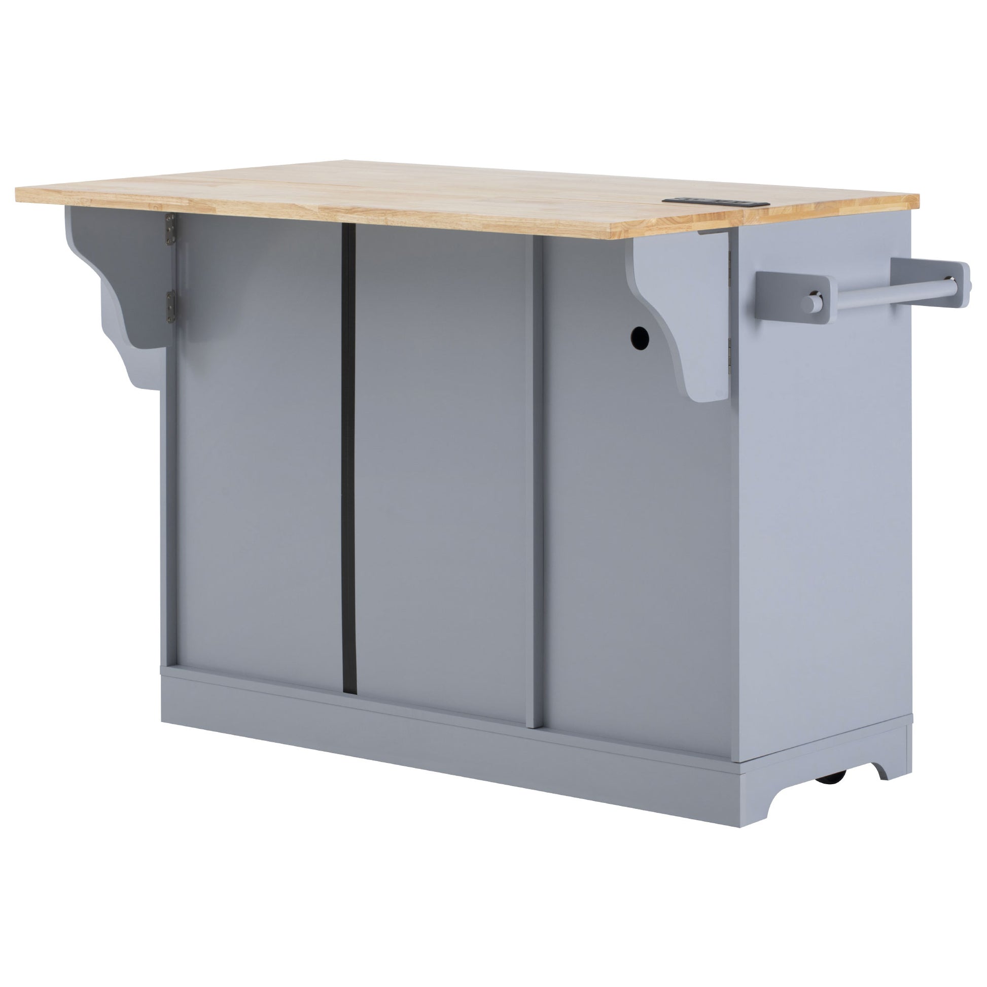 Honfleur rolling kitchen island with extended drop leaf countertop and towel bar in gray finish on white background