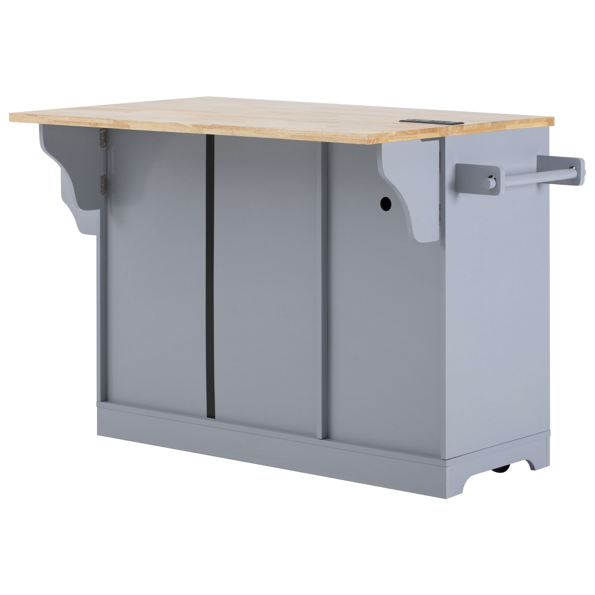 Honfleur rolling kitchen island with extended drop leaf countertop and towel bar in gray finish on white background