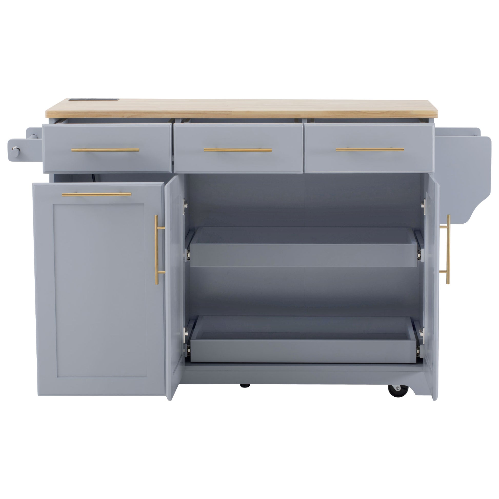 Honfleur rolling kitchen island with open cabinet doors pull-out storage shelves and drawers in gray finish on white background