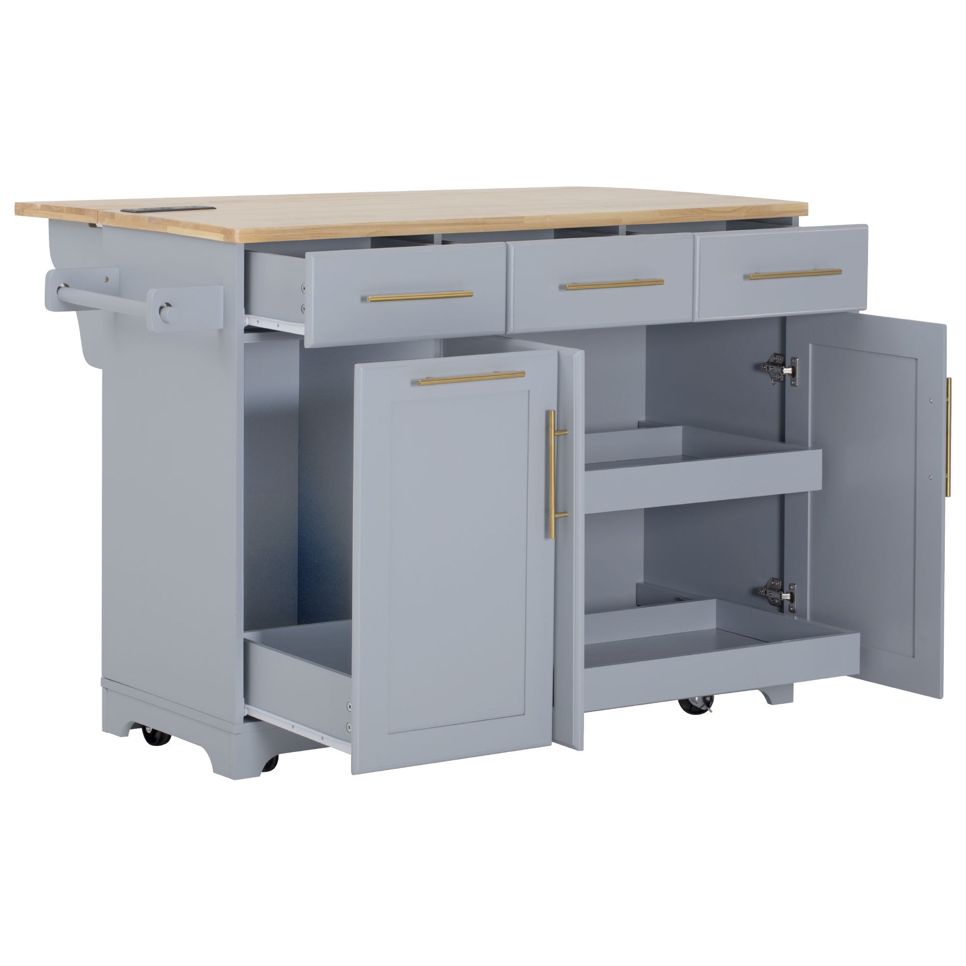 Honfleur rolling kitchen island with open drawers cabinet storage and pull-out shelves in gray finish on white background