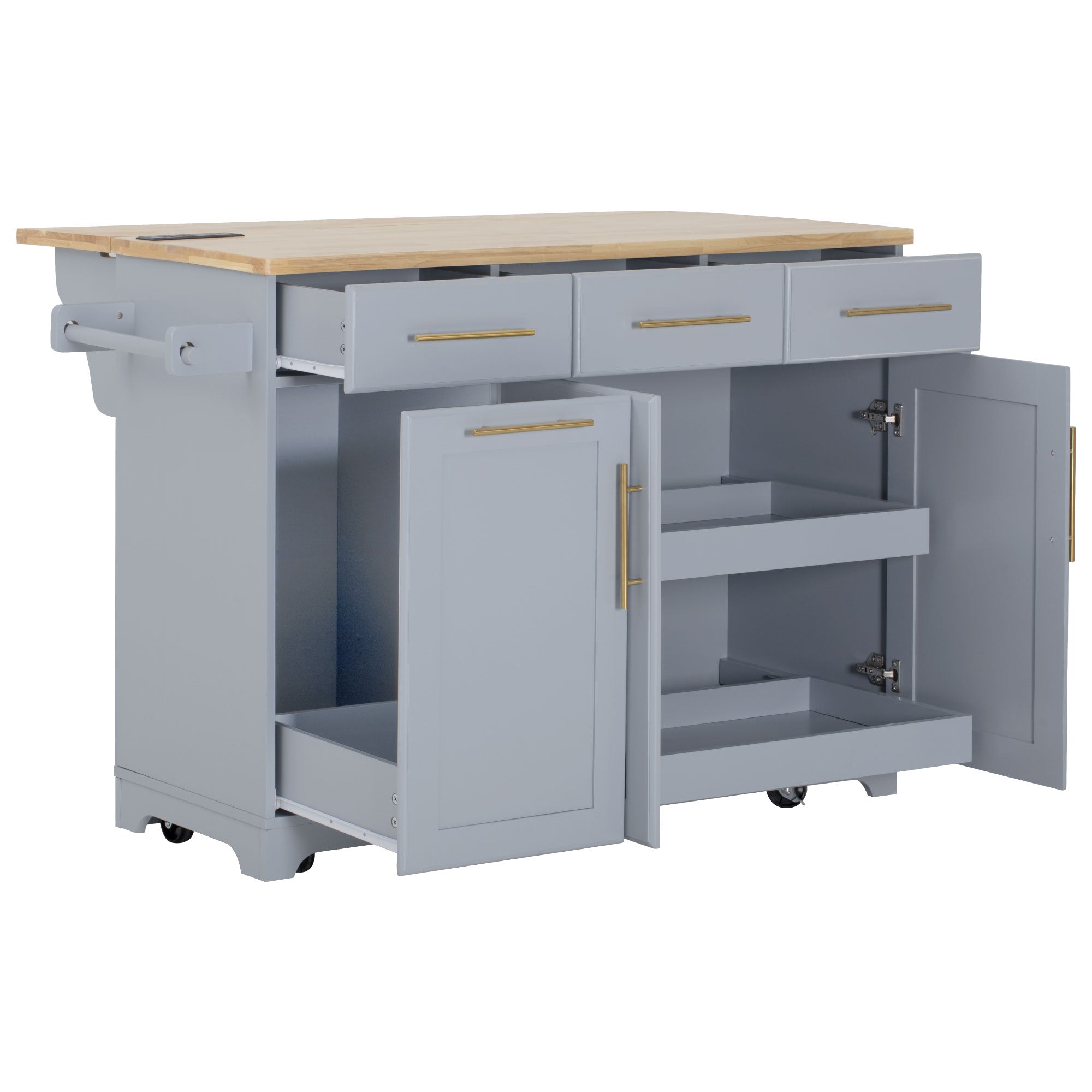 Honfleur rolling kitchen island with open drawers cabinet storage and pull-out shelves in gray finish on white background