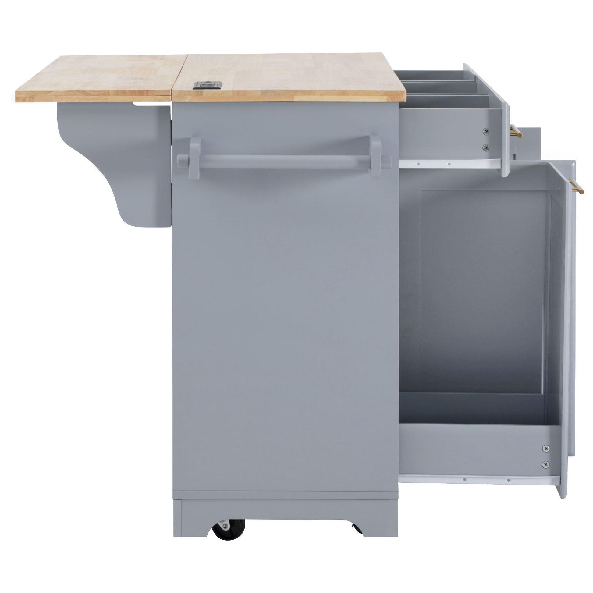 Honfleur rolling kitchen island with side towel bar open drawer and pull-out trash cabinet in gray finish on white background