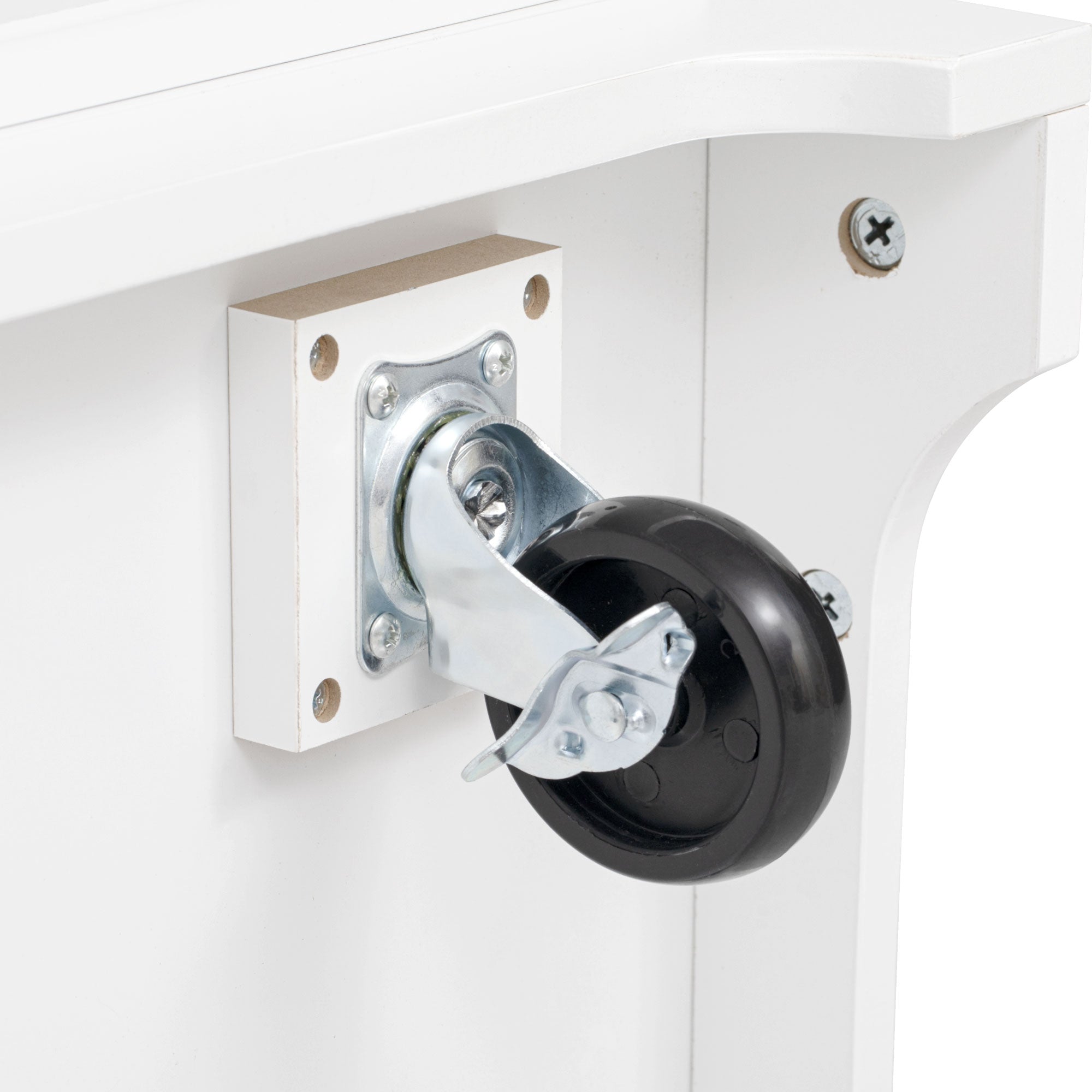 Honfleur rolling kitchen island locking caster wheel close-up in white finish on white background