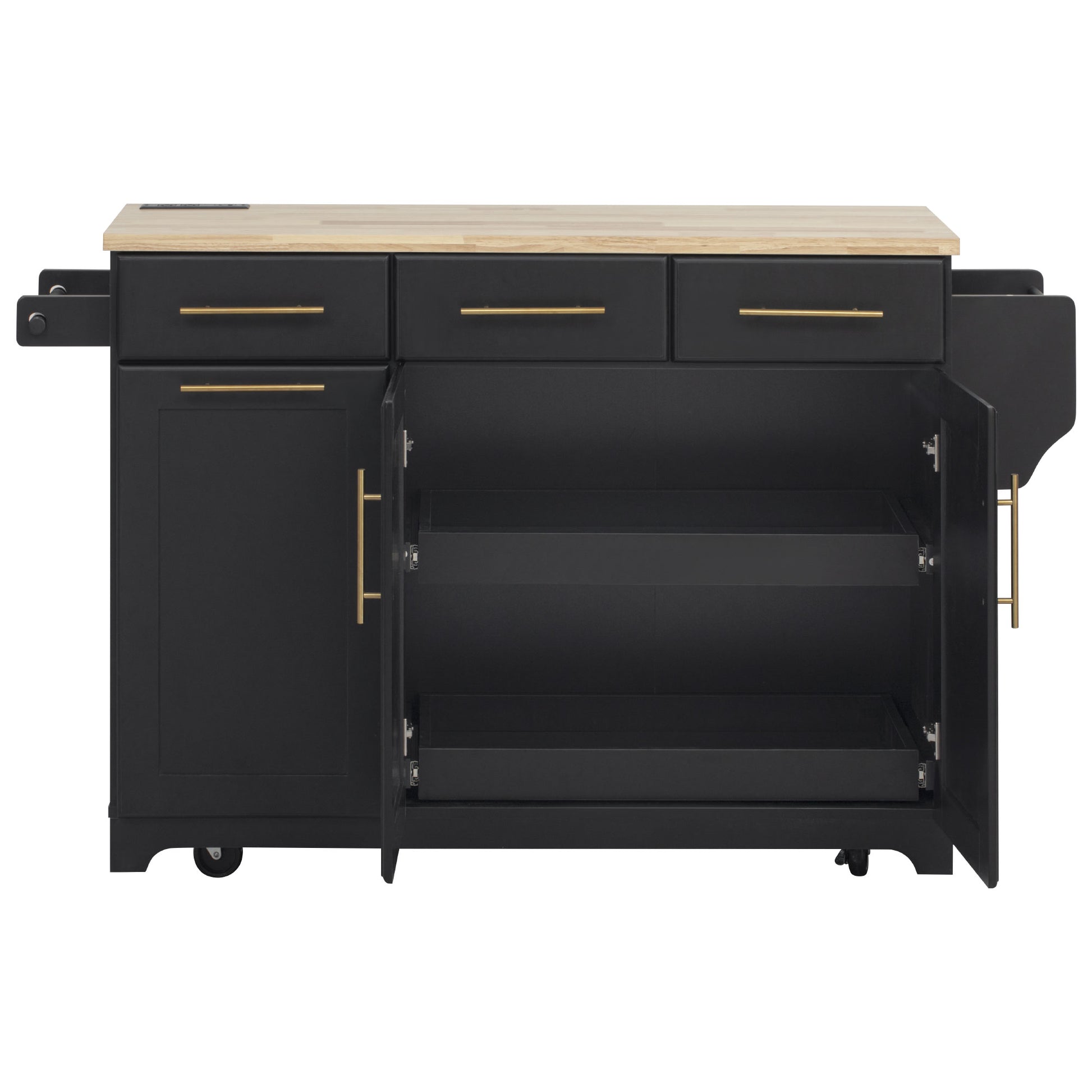 Honfleur rolling kitchen island in black finish with open double - door cabinet and interior pull - out storage shelves on white background