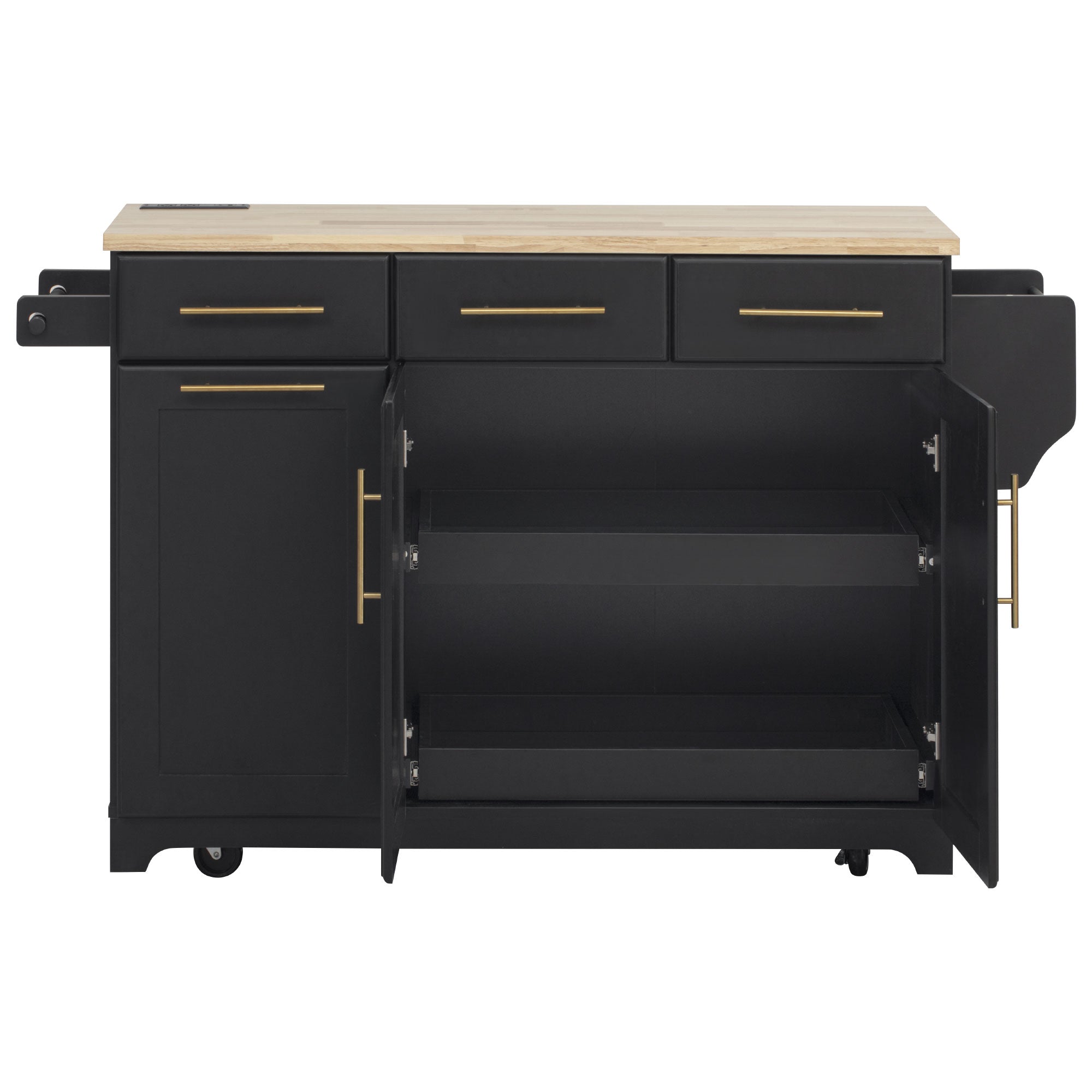 Honfleur rolling kitchen island in black finish with open double - door cabinet and interior pull - out storage shelves on white background