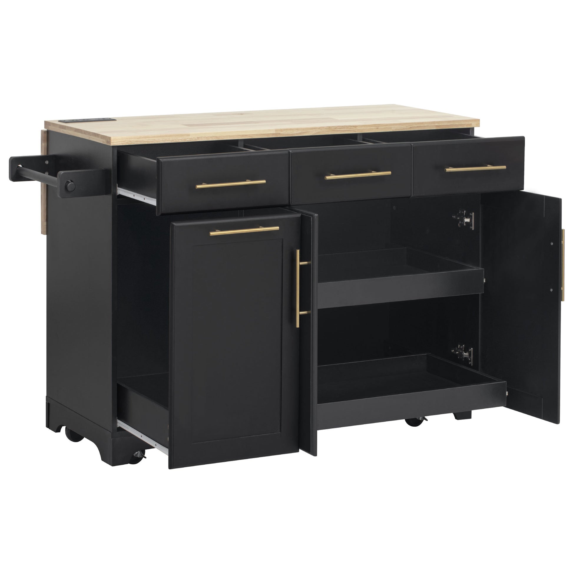 Honfleur rolling kitchen island in black finish with open drawers pull-out trash cabinet and double-door storage compartments on white background