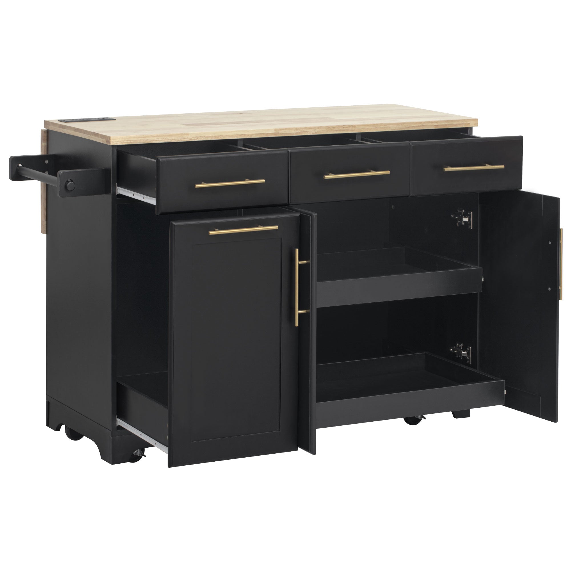Honfleur rolling kitchen island in black finish with open drawers pull-out trash cabinet and double-door storage compartments on white background