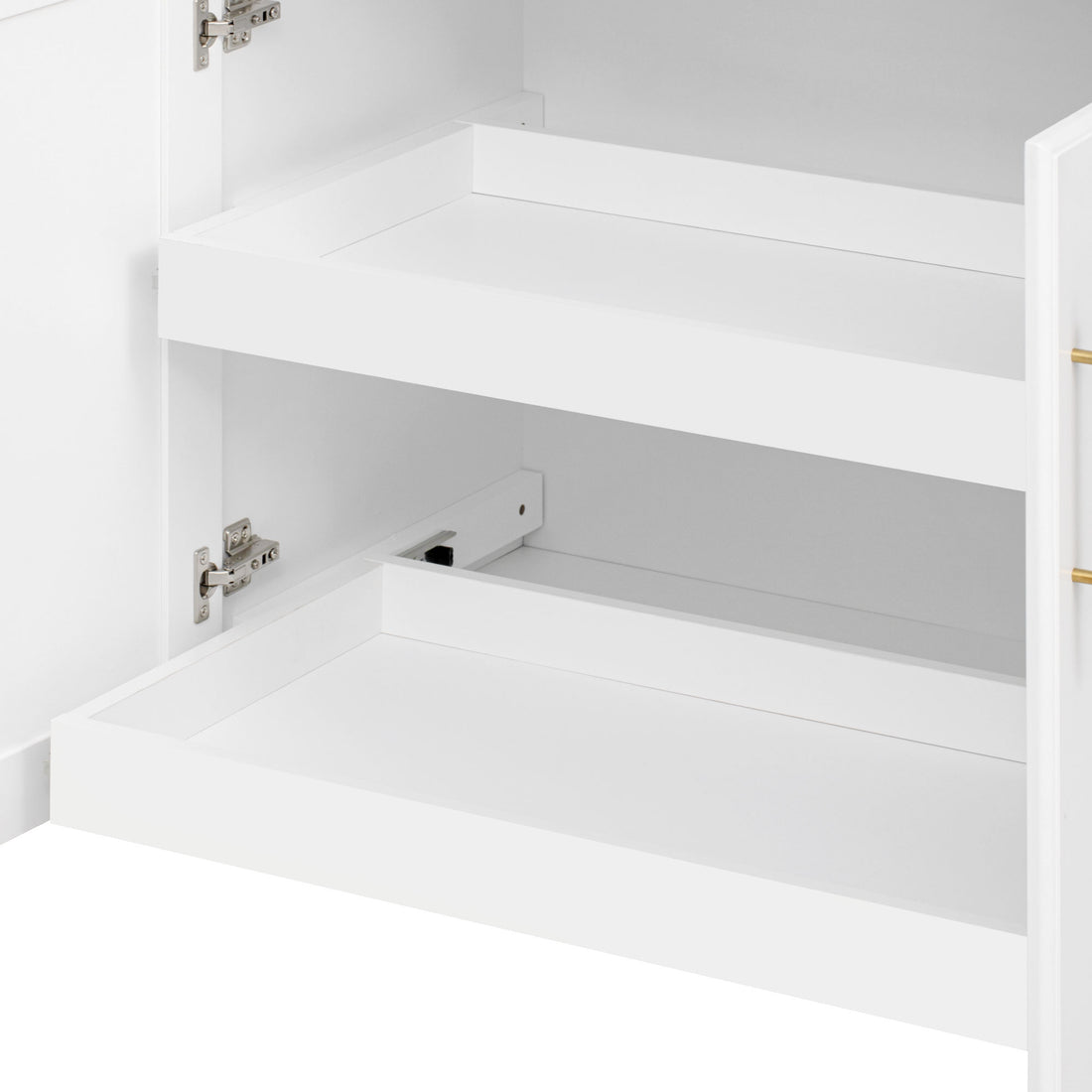 Honfleur rolling kitchen island pull-out cabinet storage shelves close-up in white finish on white background
