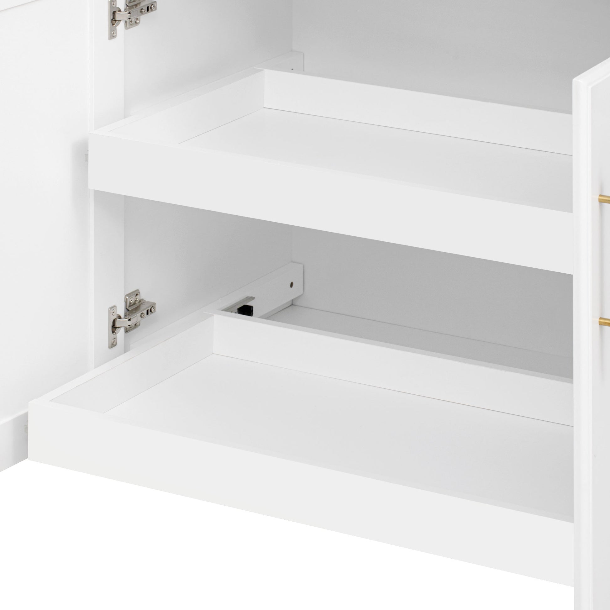 Honfleur rolling kitchen island pull-out cabinet storage shelves close-up in white finish on white background