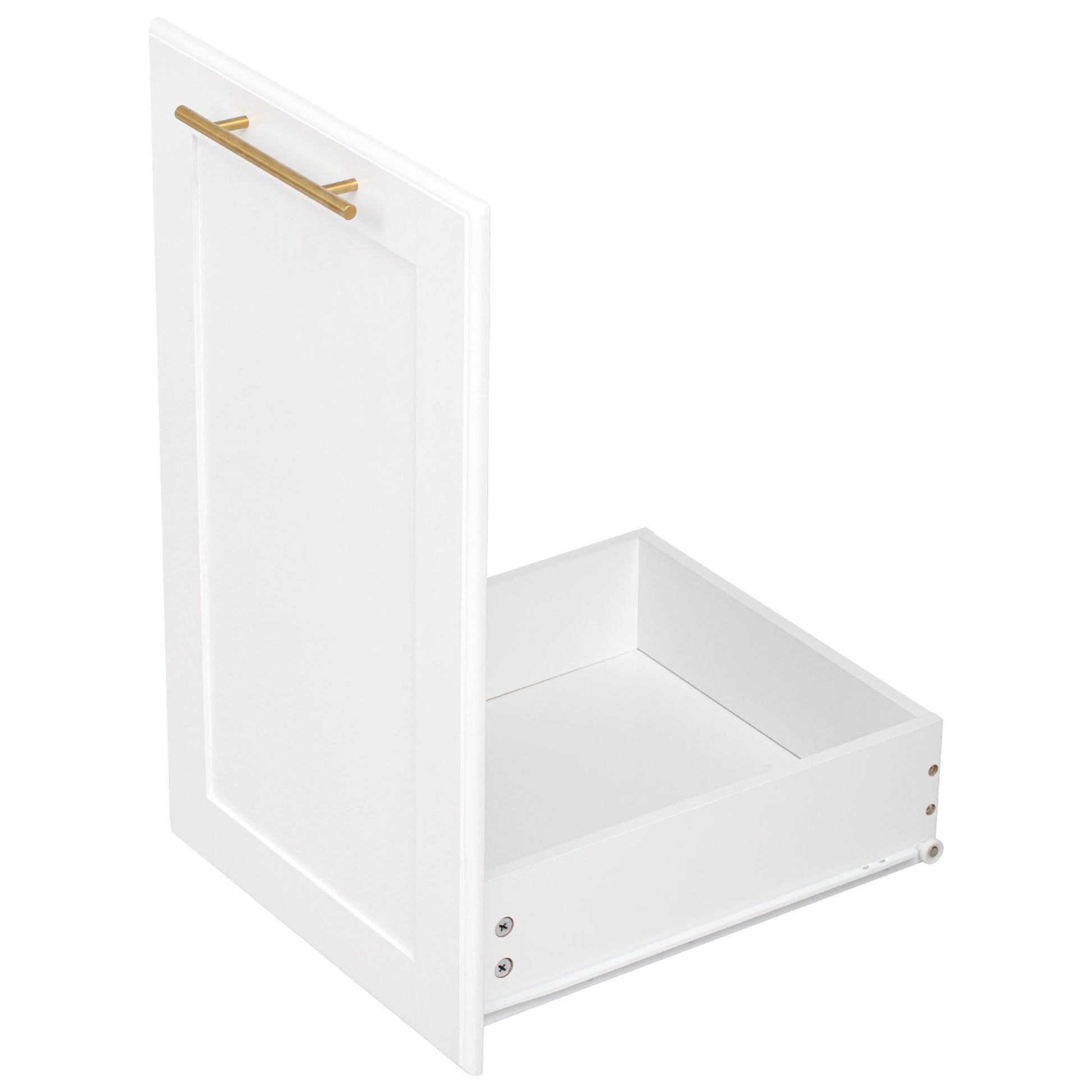 Honfleur rolling kitchen island pull-out trash cabinet with white shaker panel and gold handle detail on white background