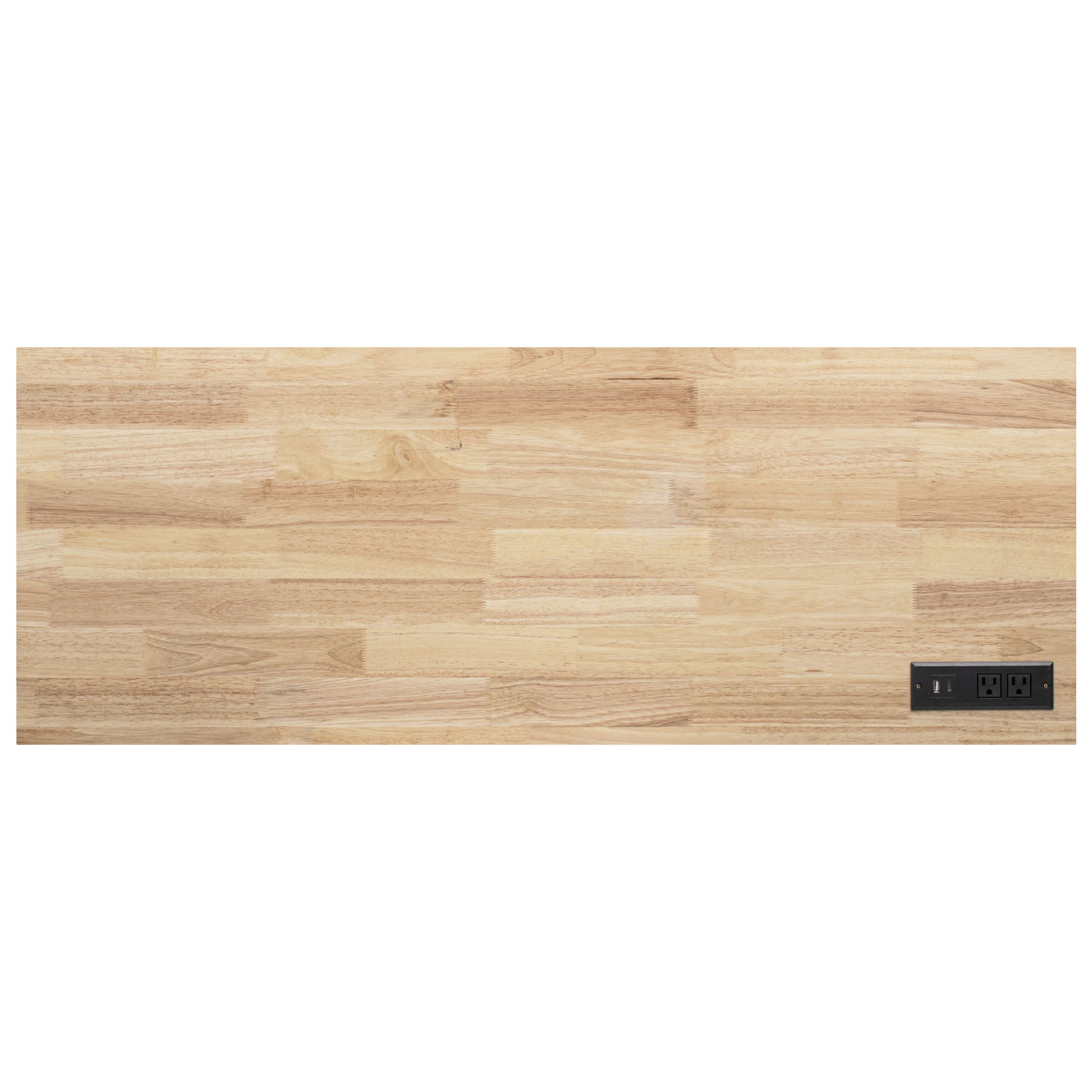 Honfleur rolling kitchen island natural rubberwood countertop with built-in power outlet and charging ports isolated on white background