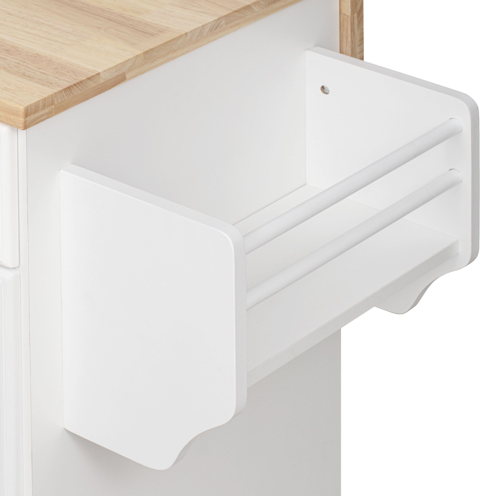 Honfleur rolling kitchen island side spice rack storage close-up in white finish with wood countertop