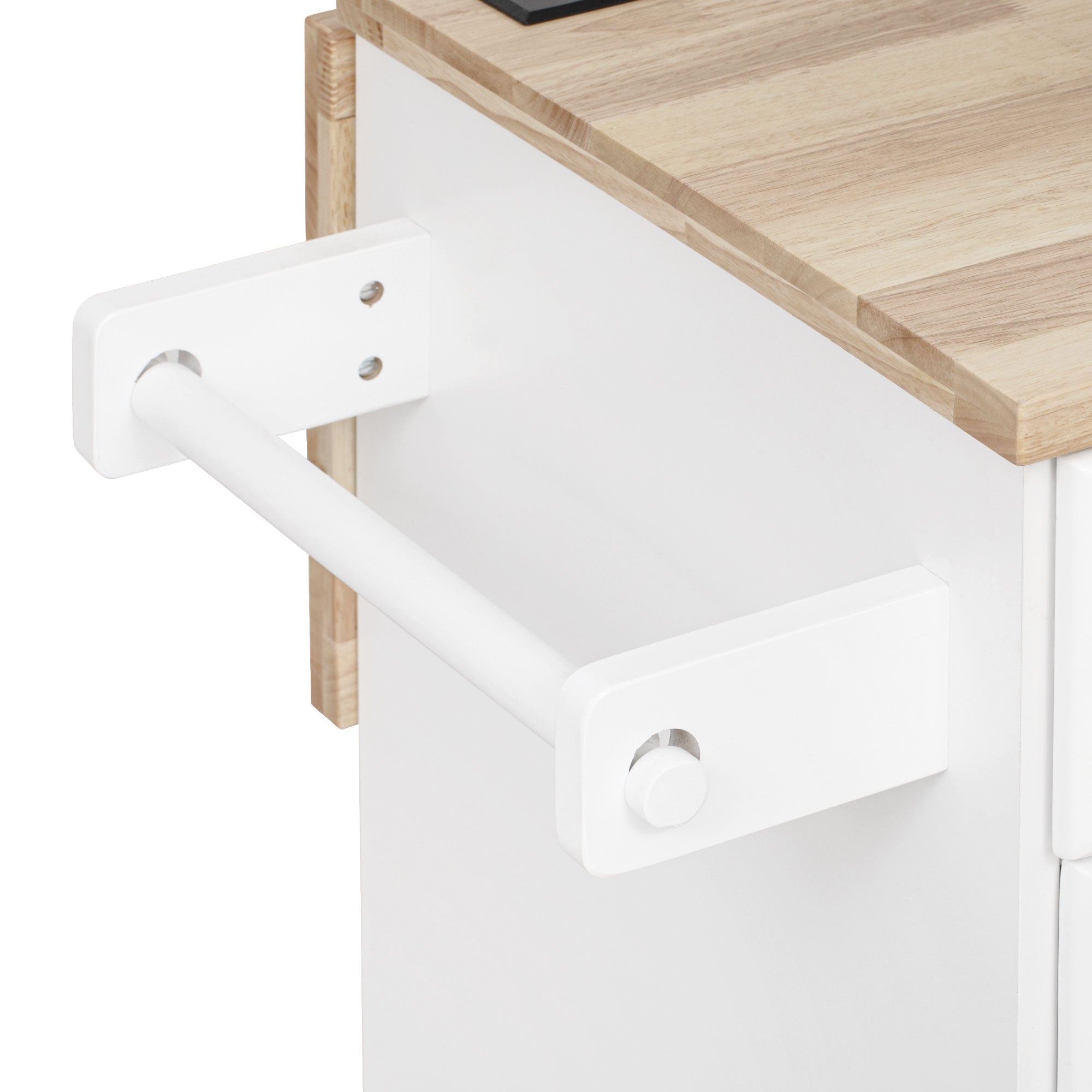 Honfleur rolling kitchen island side towel bar close-up in white finish with wood countertop on white background
