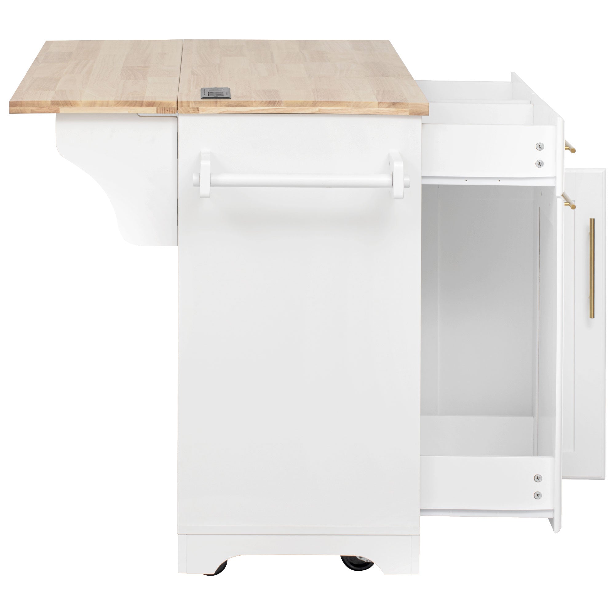 Honfleur rolling kitchen island side view with towel bar and pull-out trash storage cabinet on white background