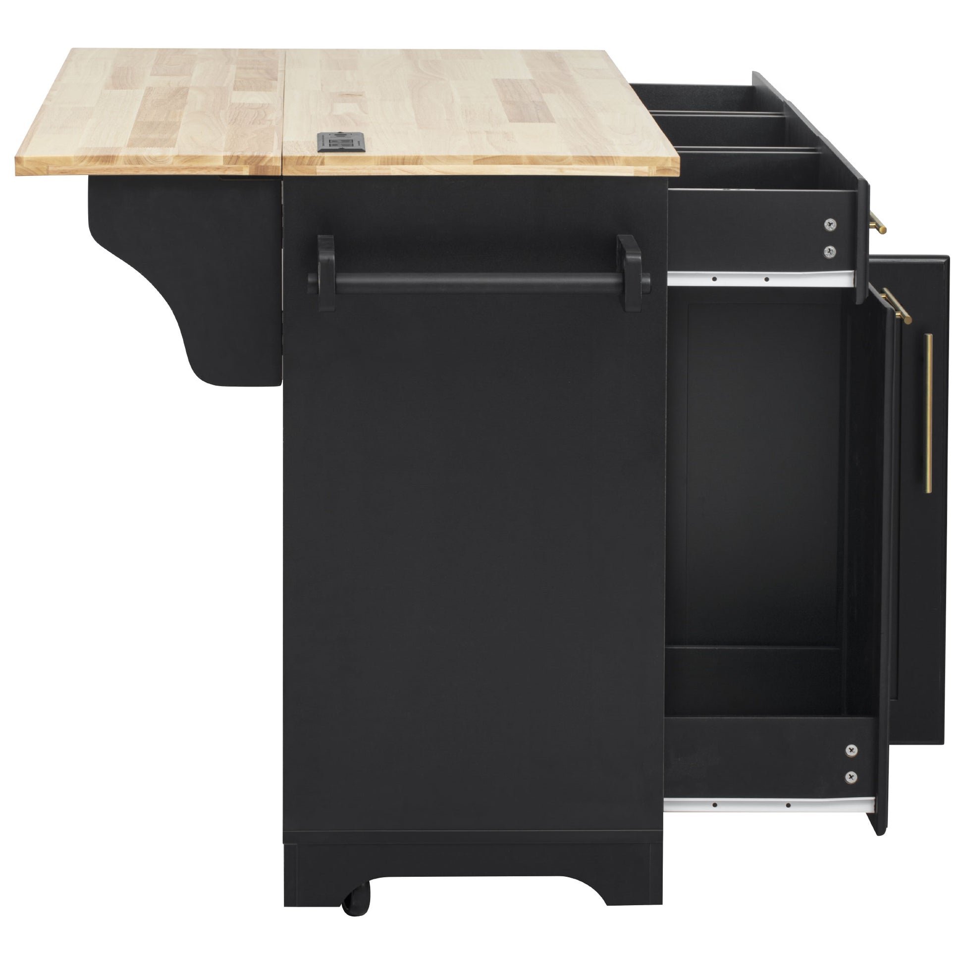 Honfleur rolling kitchen island side view with towel bar and pull-out trash storage cabinet in black finish on white background