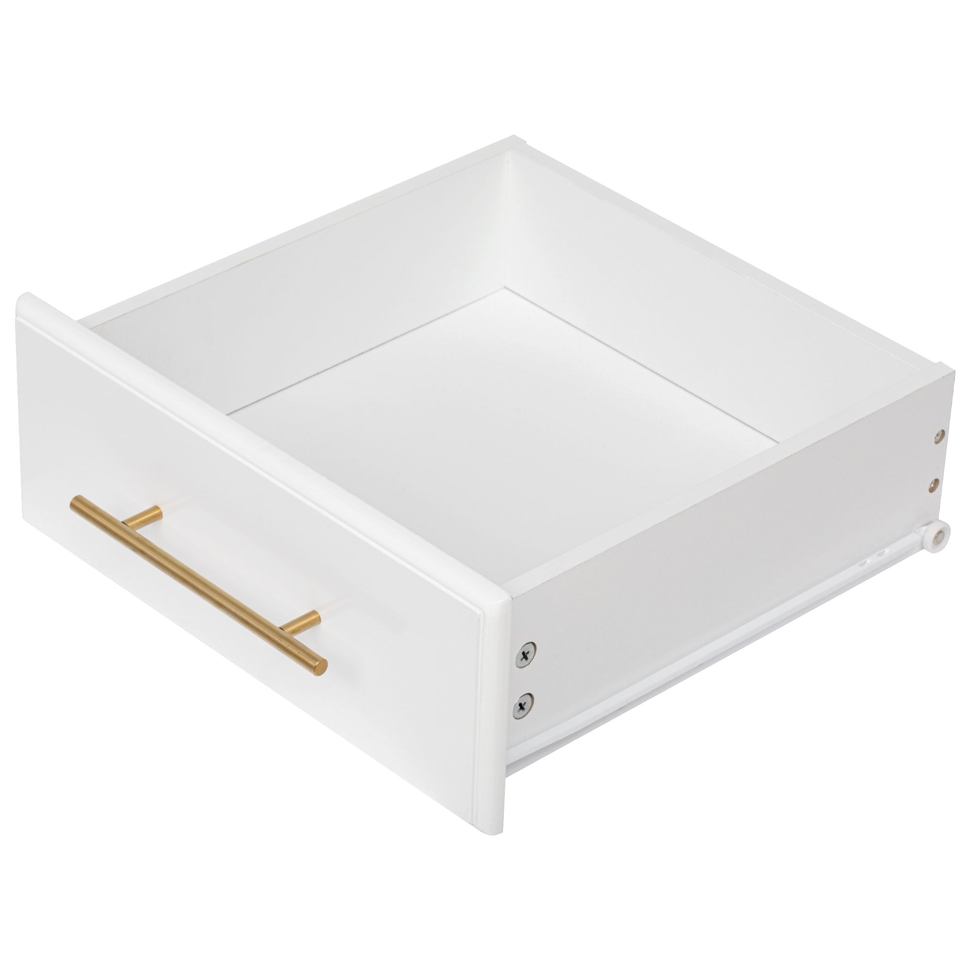 Honfleur rolling kitchen island removable storage drawer with gold handle and smooth slide rail detail on white background