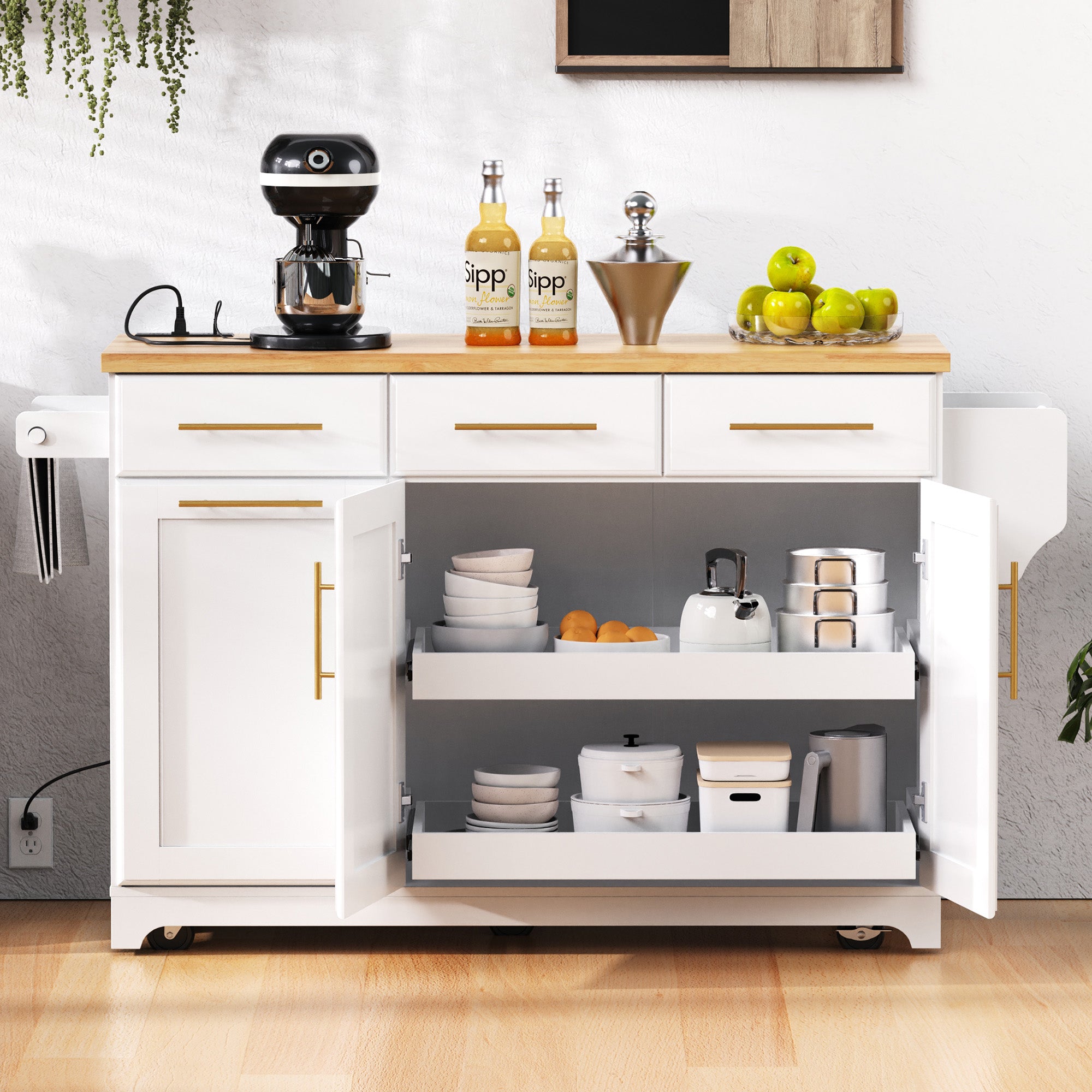 Honfleur white rolling kitchen island with open cabinet doors adjustable double shelf storage and rubberwood countertop in kitchen setting