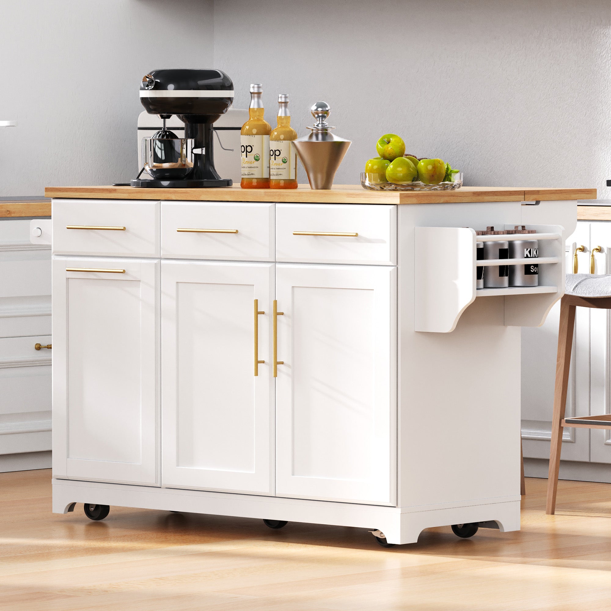 Honfleur white rolling kitchen island with rubberwood countertop spice rack storage drawers and cabinet doors in modern kitchen setting