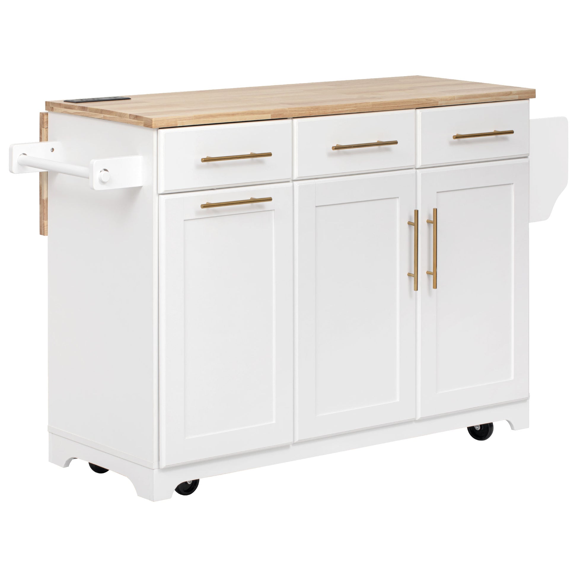 Honfleur white rolling kitchen island with rubberwood countertop drawers cabinet doors and towel bar isolated on white background