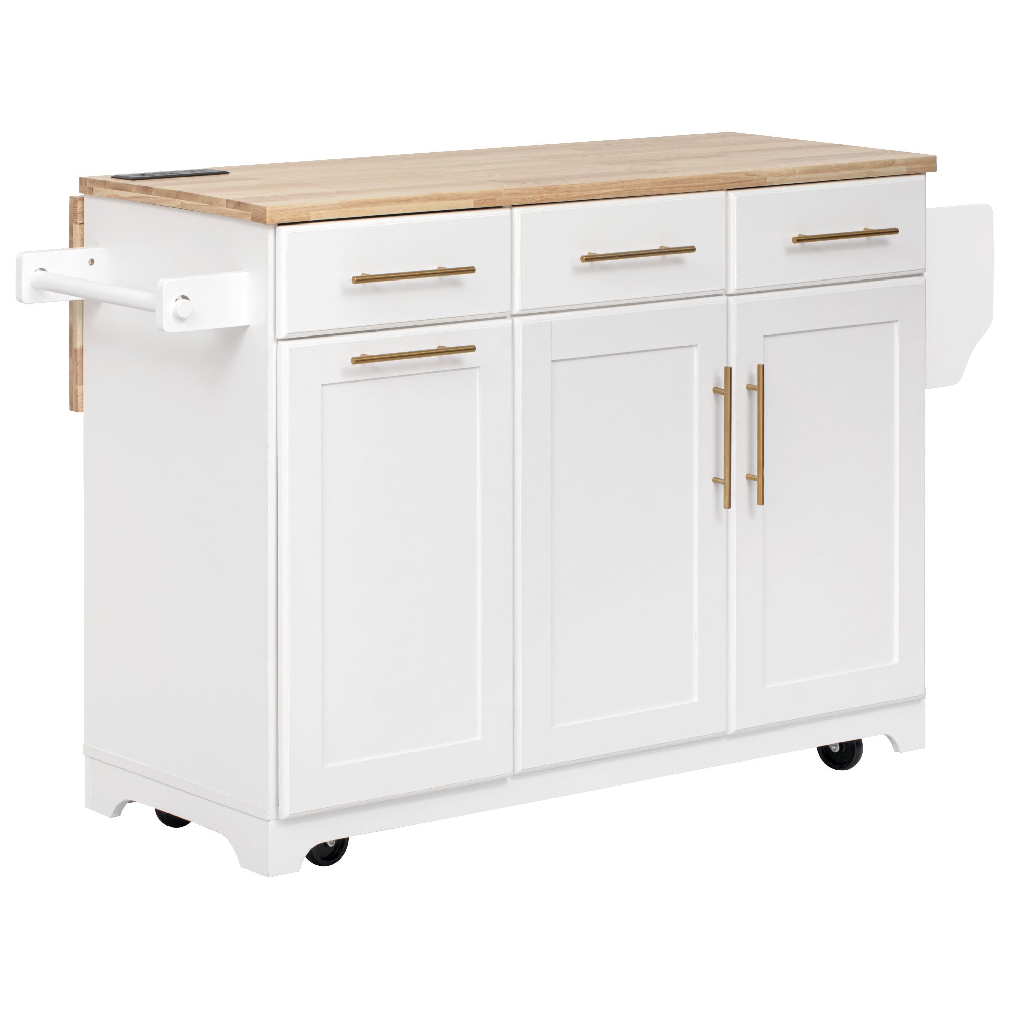 Honfleur white rolling kitchen island with rubberwood countertop drawers cabinet doors and towel bar isolated on white background