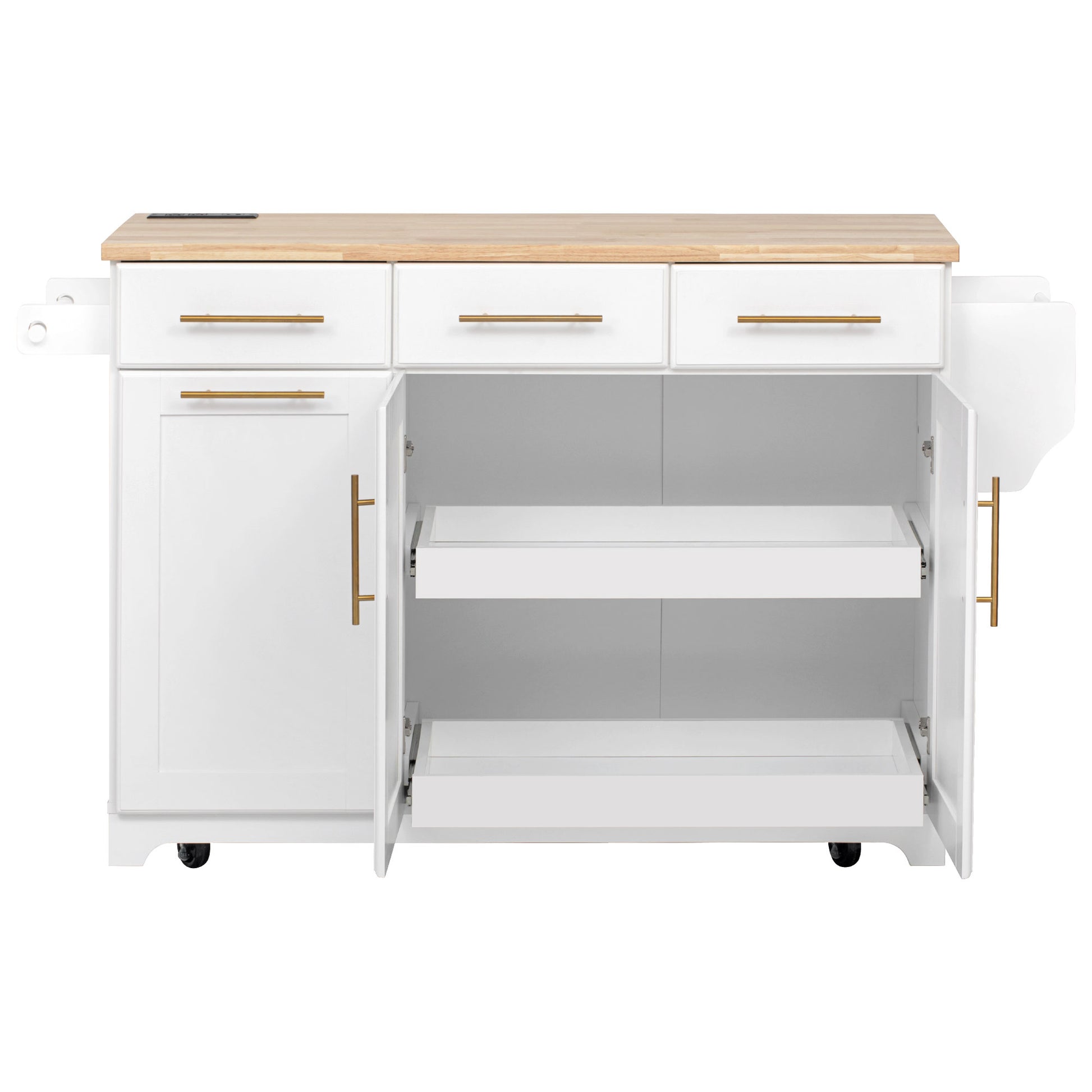 Honfleur white rolling kitchen island with open cabinet doors pull-out shelf storage drawers and rubberwood countertop isolated on white background