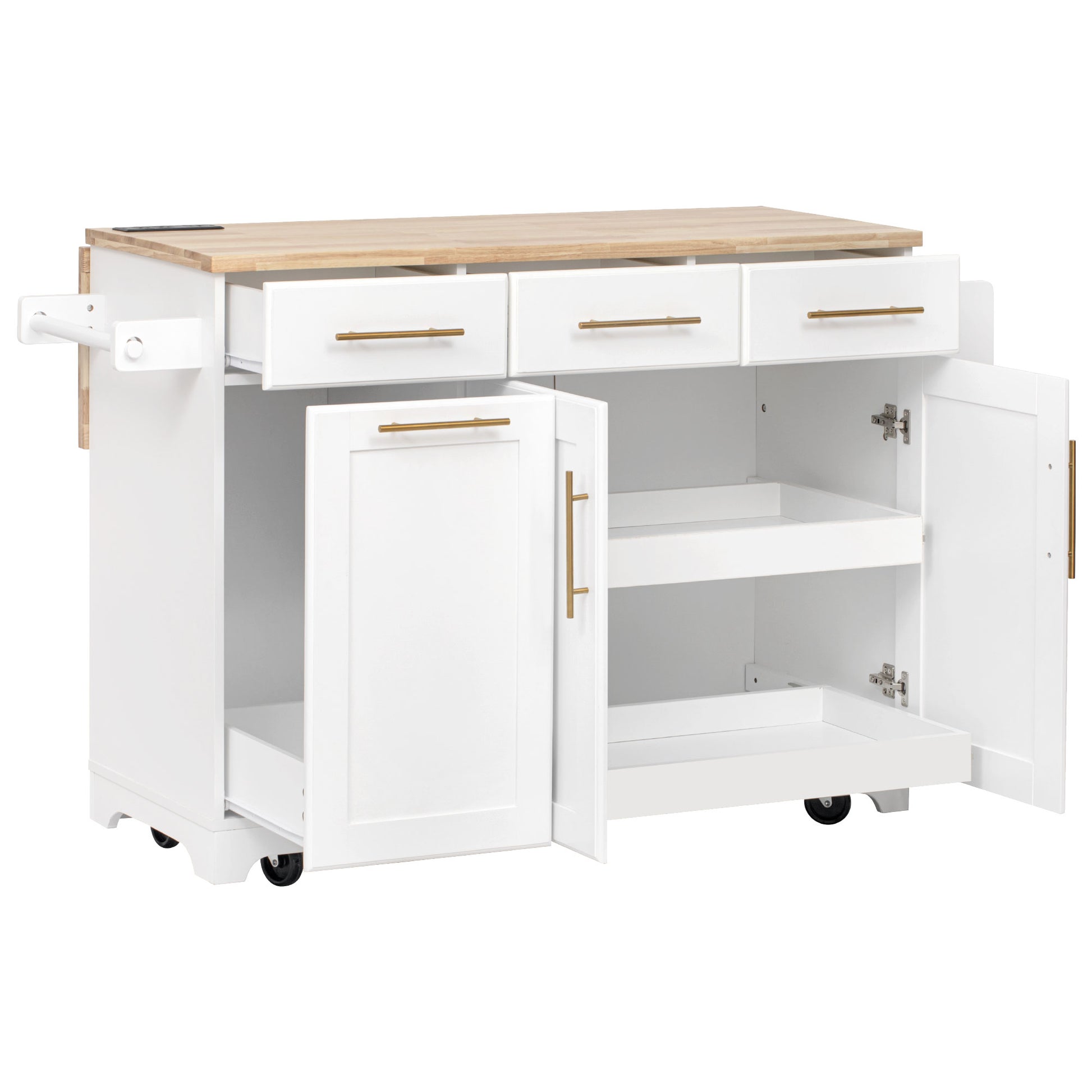 Honfleur rolling kitchen island with open drawers cabinet doors and pull-out storage shelves in white finish on white background