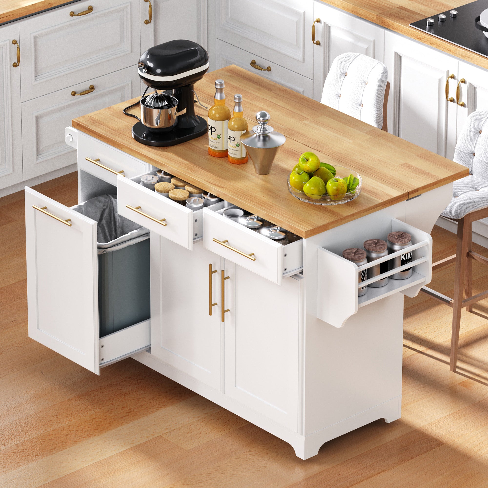Honfleur white rolling kitchen island with open drawers hidden trash cabinet spice rack and expandable rubberwood countertop in kitchen setting