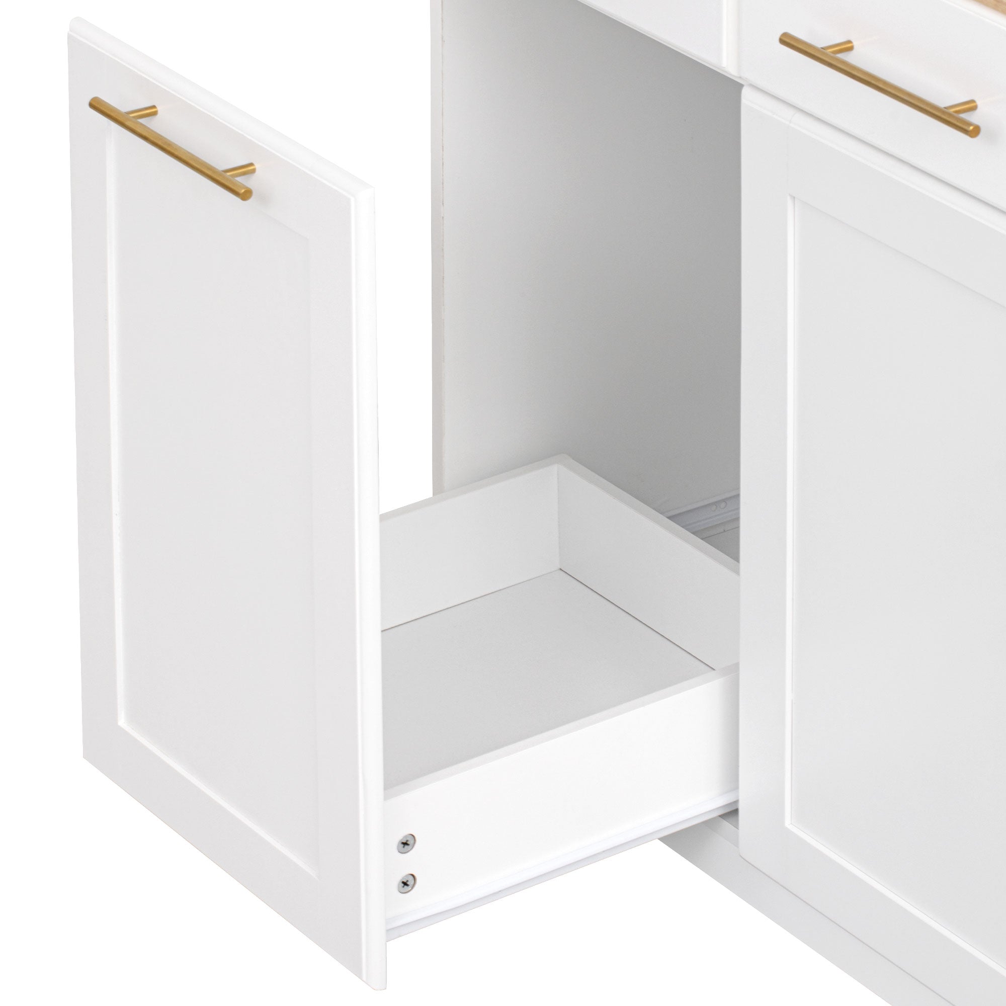 Honfleur rolling kitchen island pull-out trash cabinet storage close-up in white finish on white background