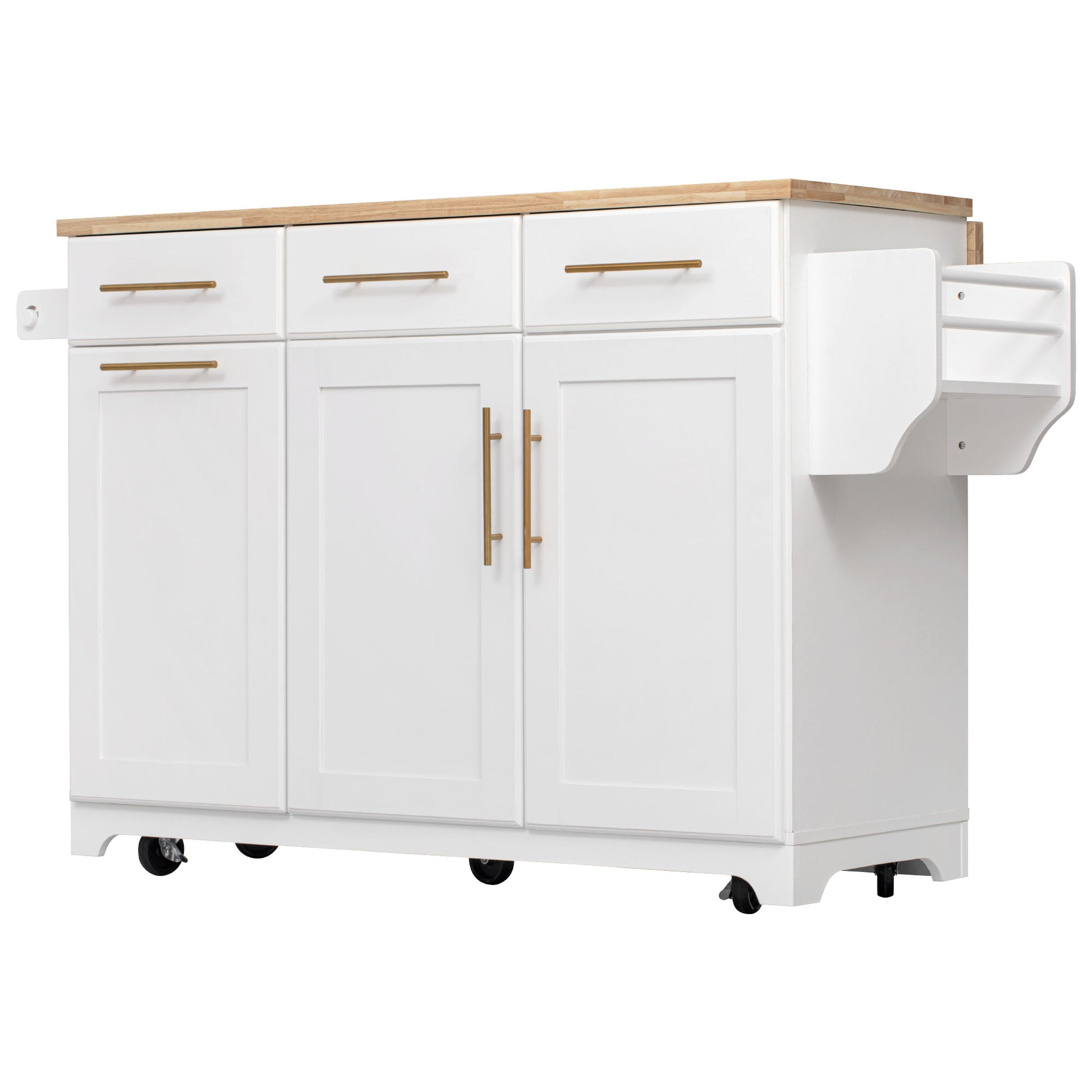 Honfleur white rolling kitchen island with side spice rack rubberwood countertop drawers and cabinet storage isolated on white background