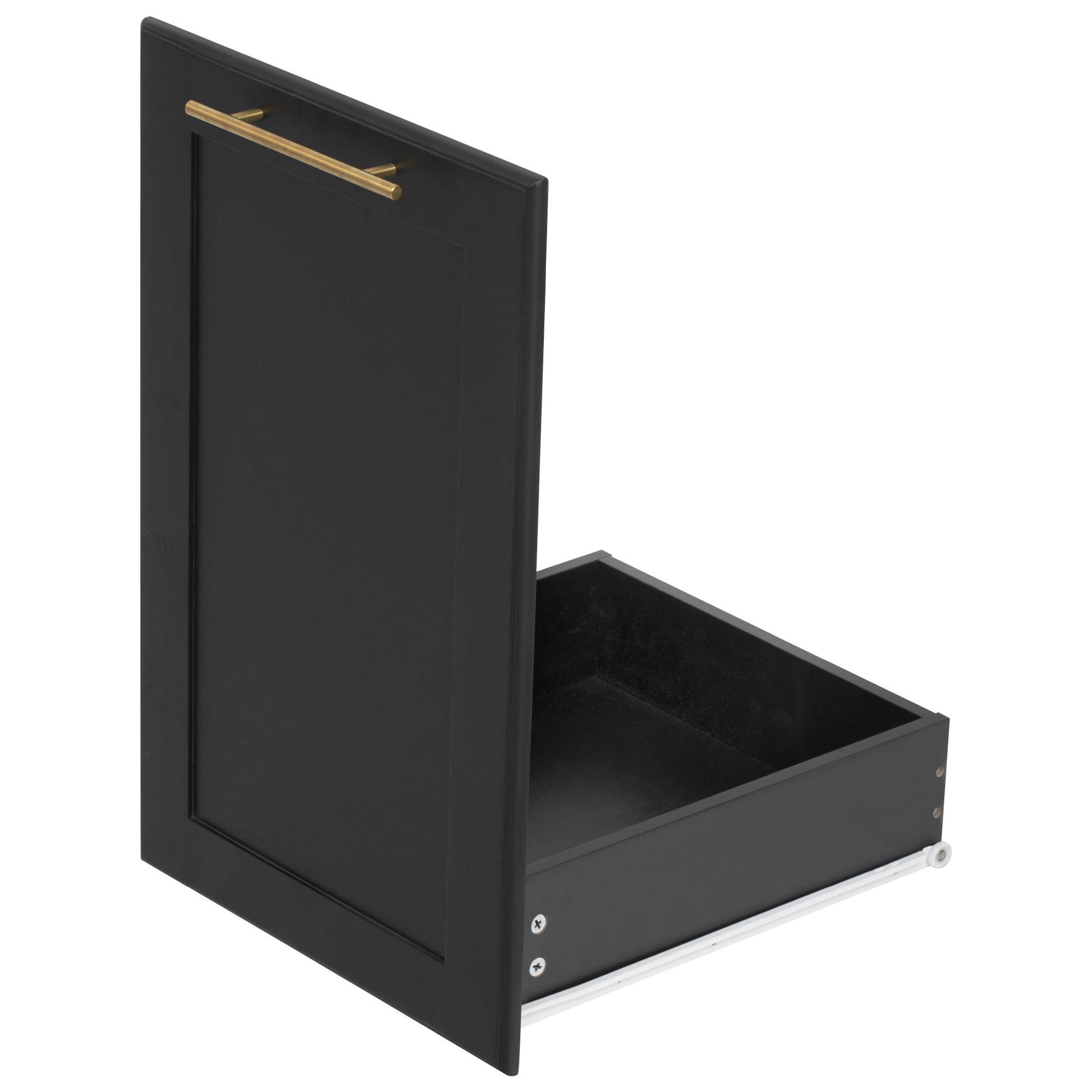 Honfleur rolling kitchen island pull-out trash storage cabinet in black finish with gold handle on white background