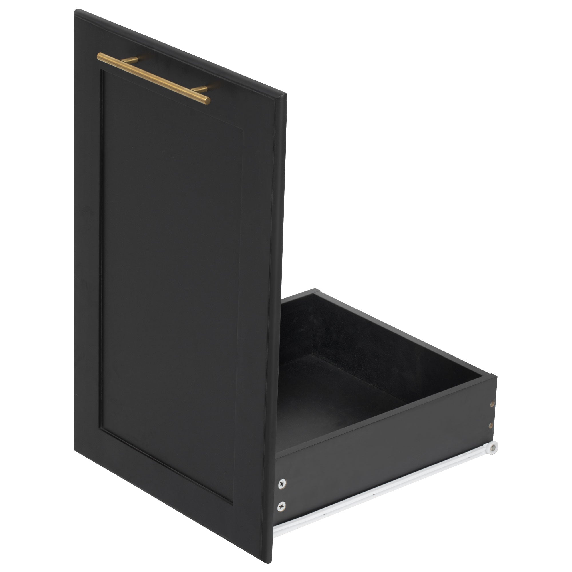 Honfleur rolling kitchen island pull-out trash storage cabinet in black finish with gold handle on white background