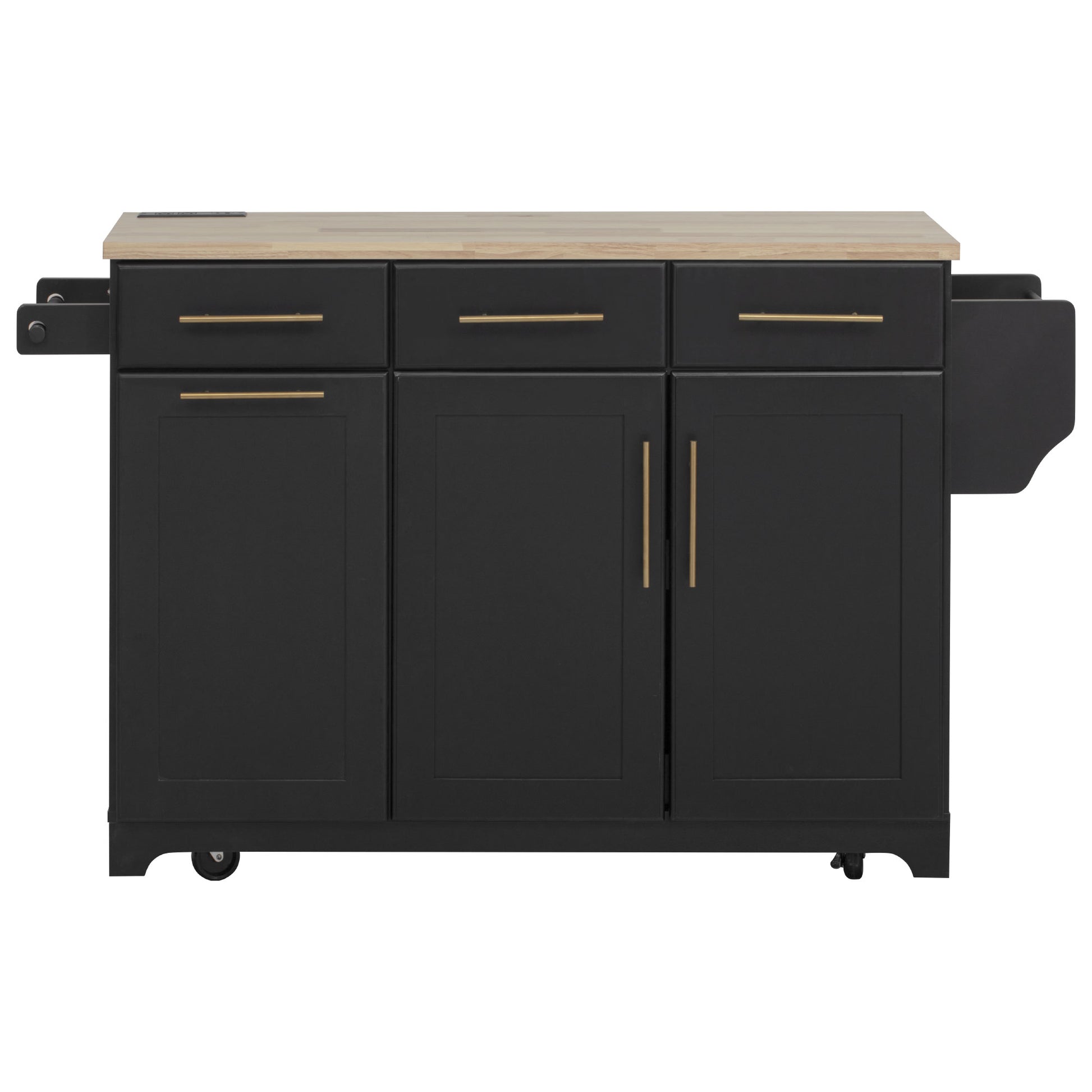Honfleur rolling kitchen island front view with three drawers double - door cabinet and wood countertop in black finish on white background
