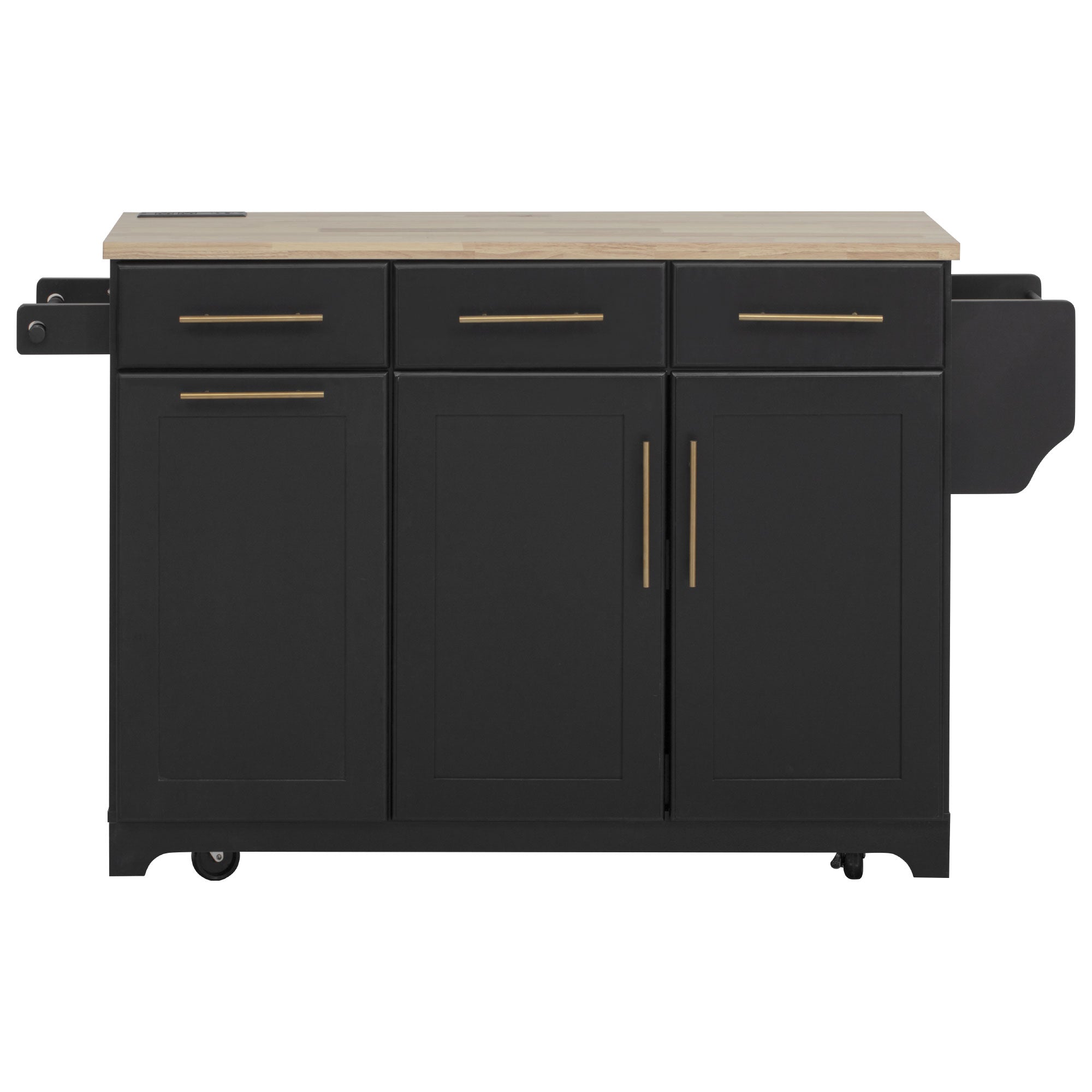 Honfleur rolling kitchen island front view with three drawers double - door cabinet and wood countertop in black finish on white background