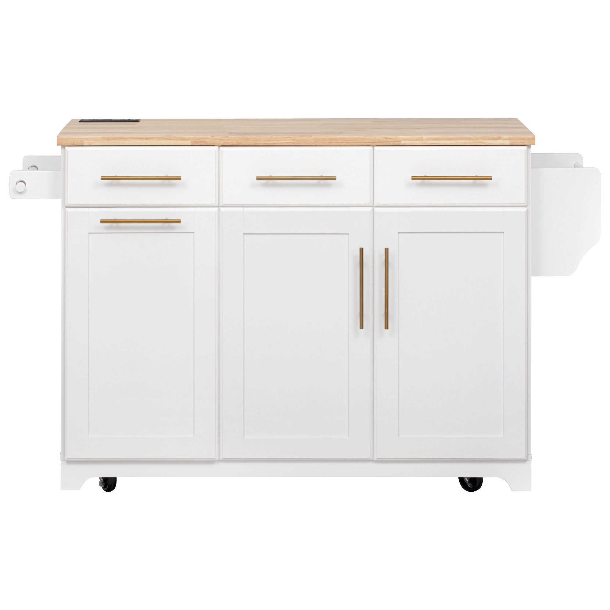 Honfleur rolling kitchen island front view with three drawers double-door cabinet and wood countertop on white background