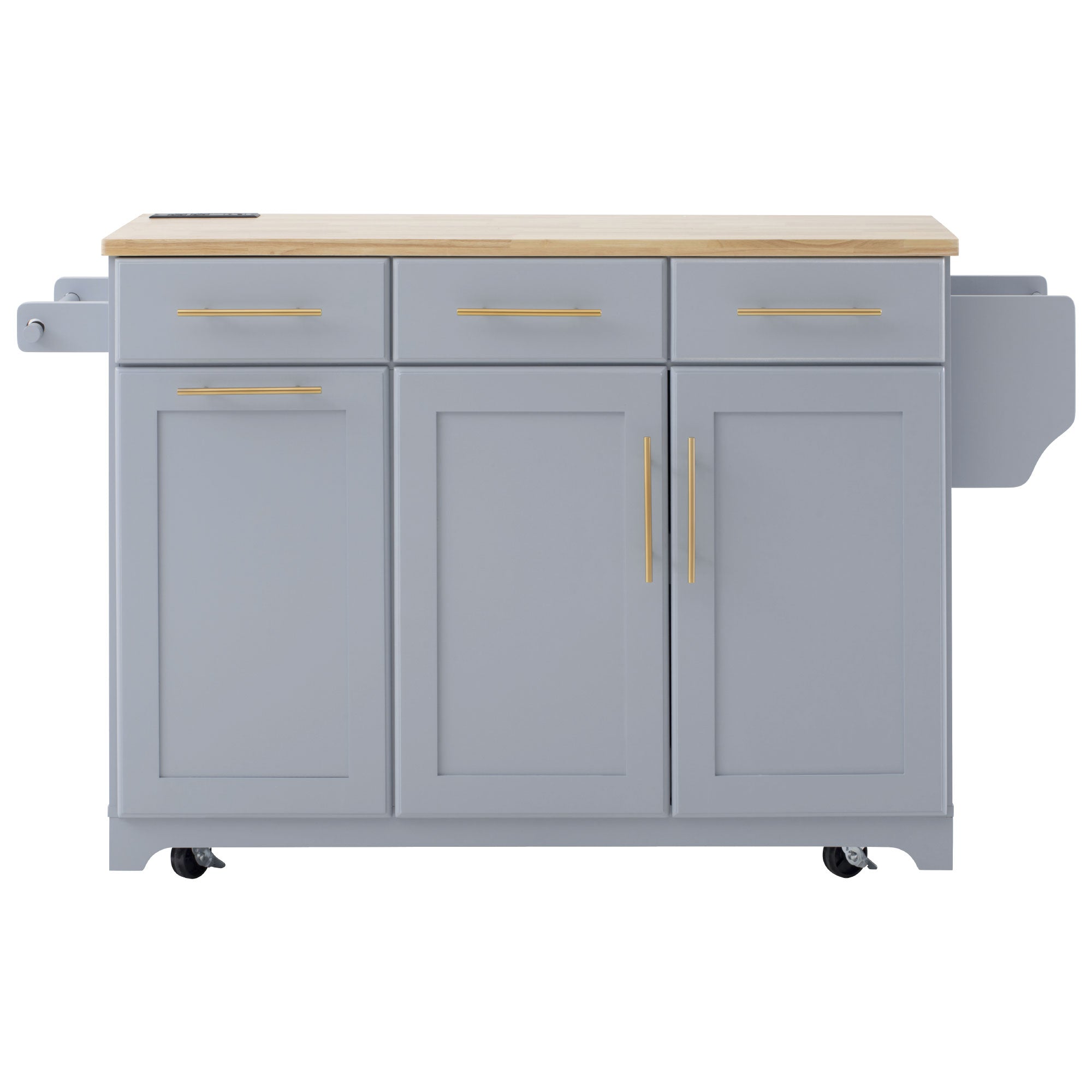 Honfleur rolling kitchen island front view with three drawers double-door cabinet and wood countertop in gray finish on white background